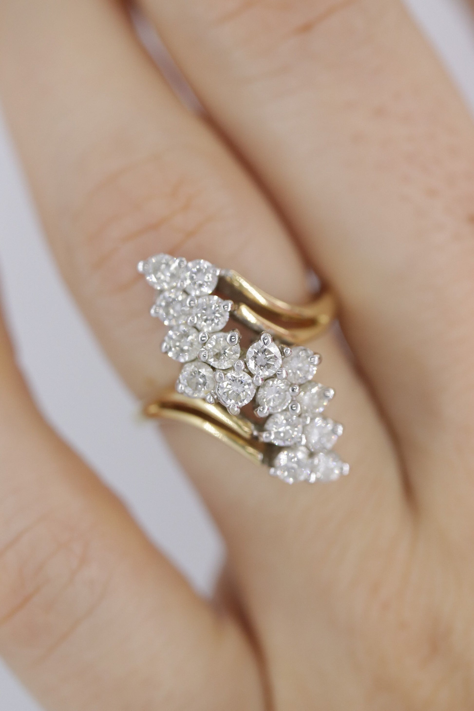 14k Yellow Gold Ring. Round Diamond Cluster Ring. Waterfall diamond. 0.96ctw diamonds st546