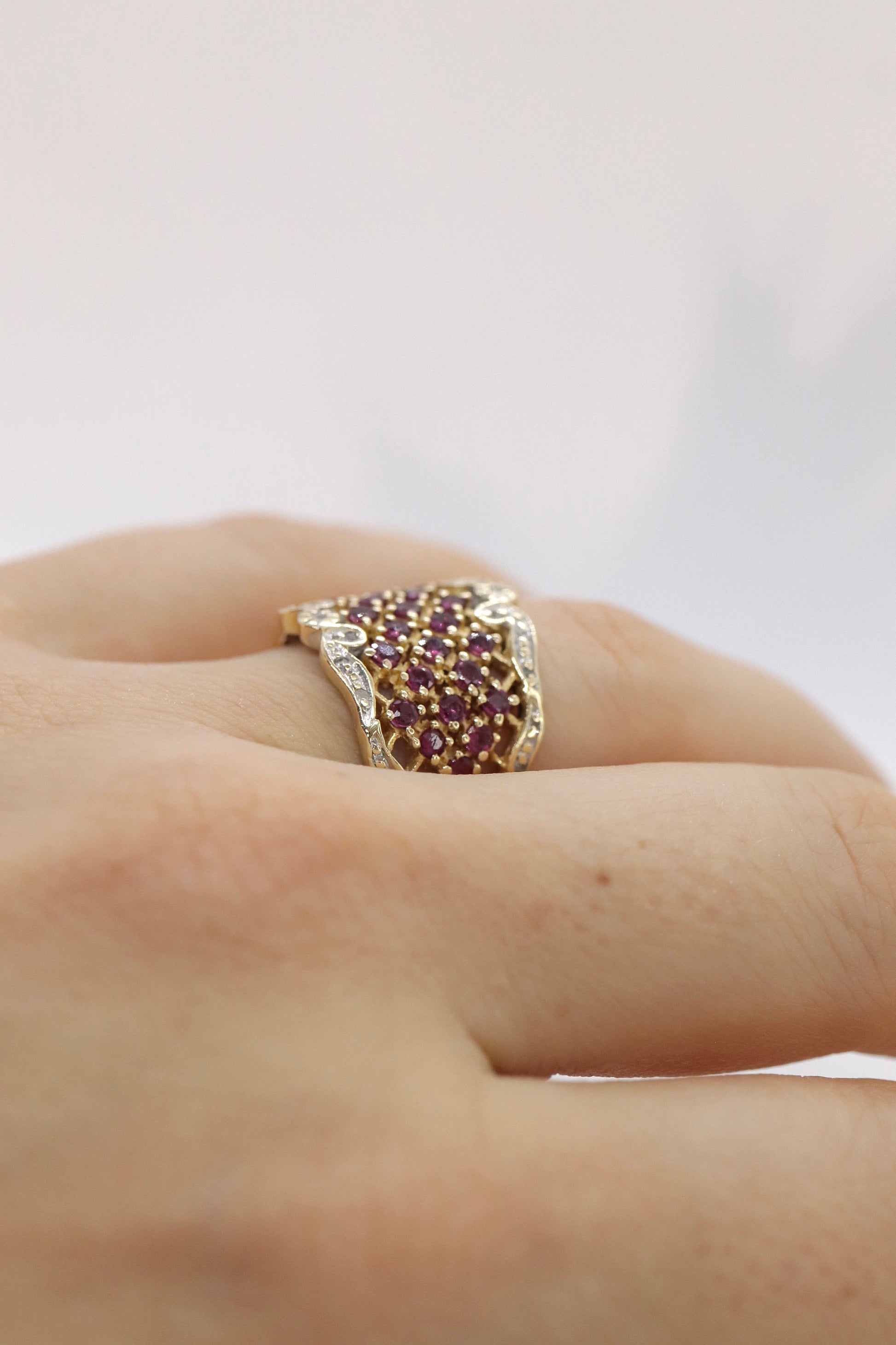 14k Ruby and Diamond Wide Pave Cluster Encrusted ring. 14k Yellow Gold and diamond ruby statement band