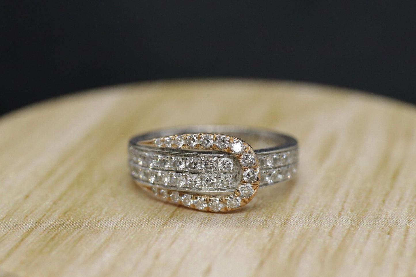 18k Pave Diamond Buckle Ring. SIMON G 18k diamond buckle ring. 18k White and Rose Gold