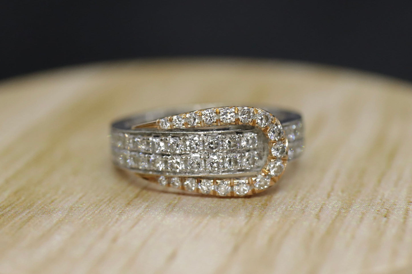 18k Pave Diamond Buckle Ring. SIMON G 18k diamond buckle ring. 18k White and Rose Gold