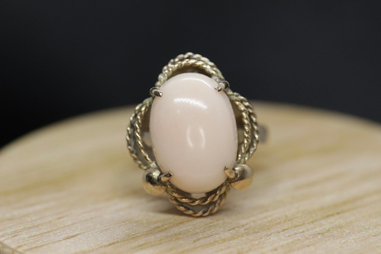 14k Large Oval Pink Angel Skin CORAL ring. Coral Cabochon statement ring (2365)