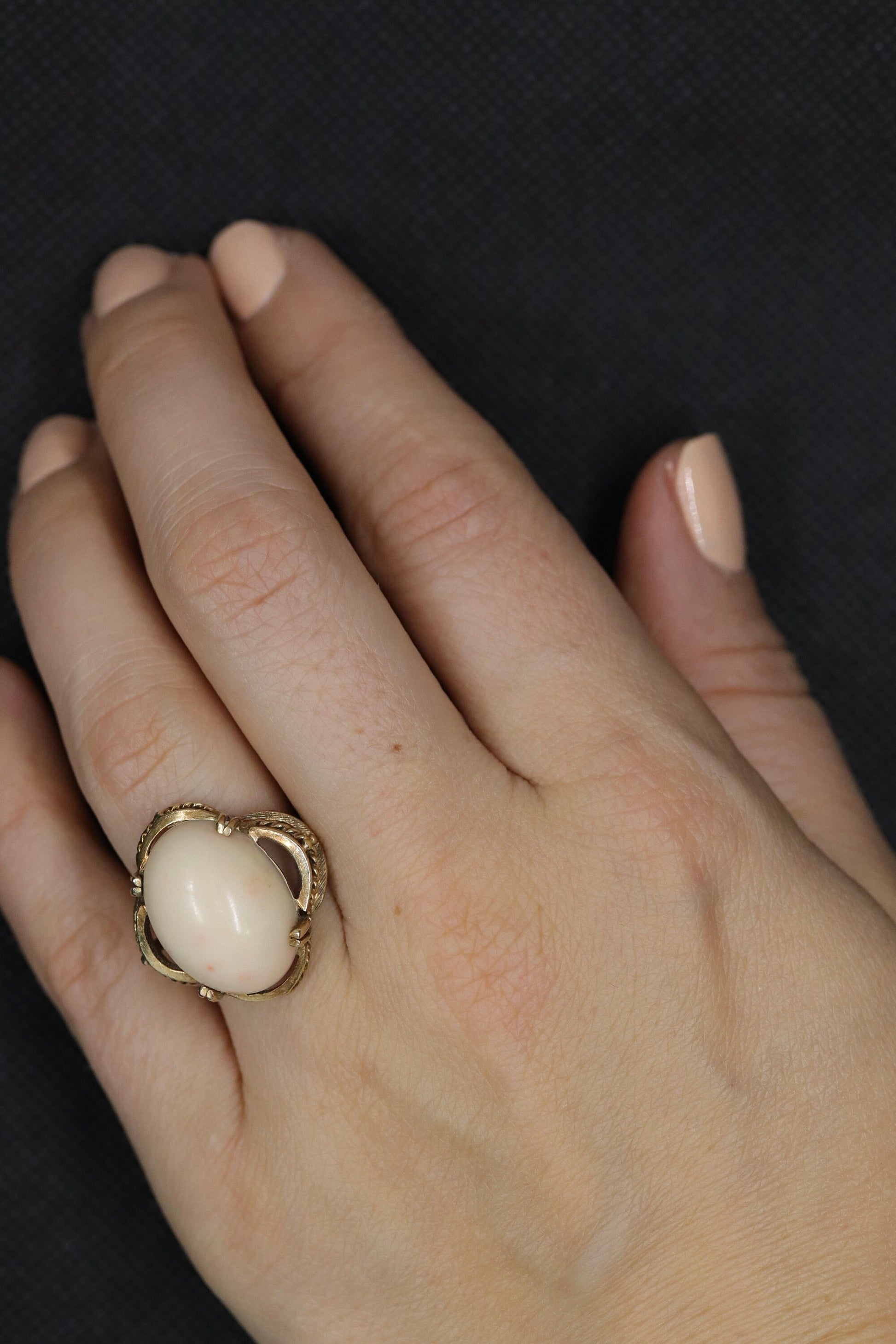 10k Large Oval Pink Angel Skin CORAL ring. Coral Cabochon statement ring