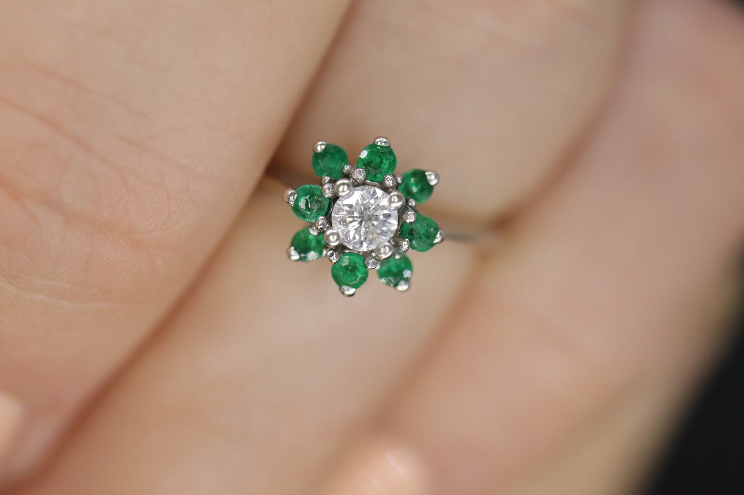 14k Emerald and Diamond Halo White gold ring. Emerald and Diamond Cluster ring. Pinkie sz 2.5 st88