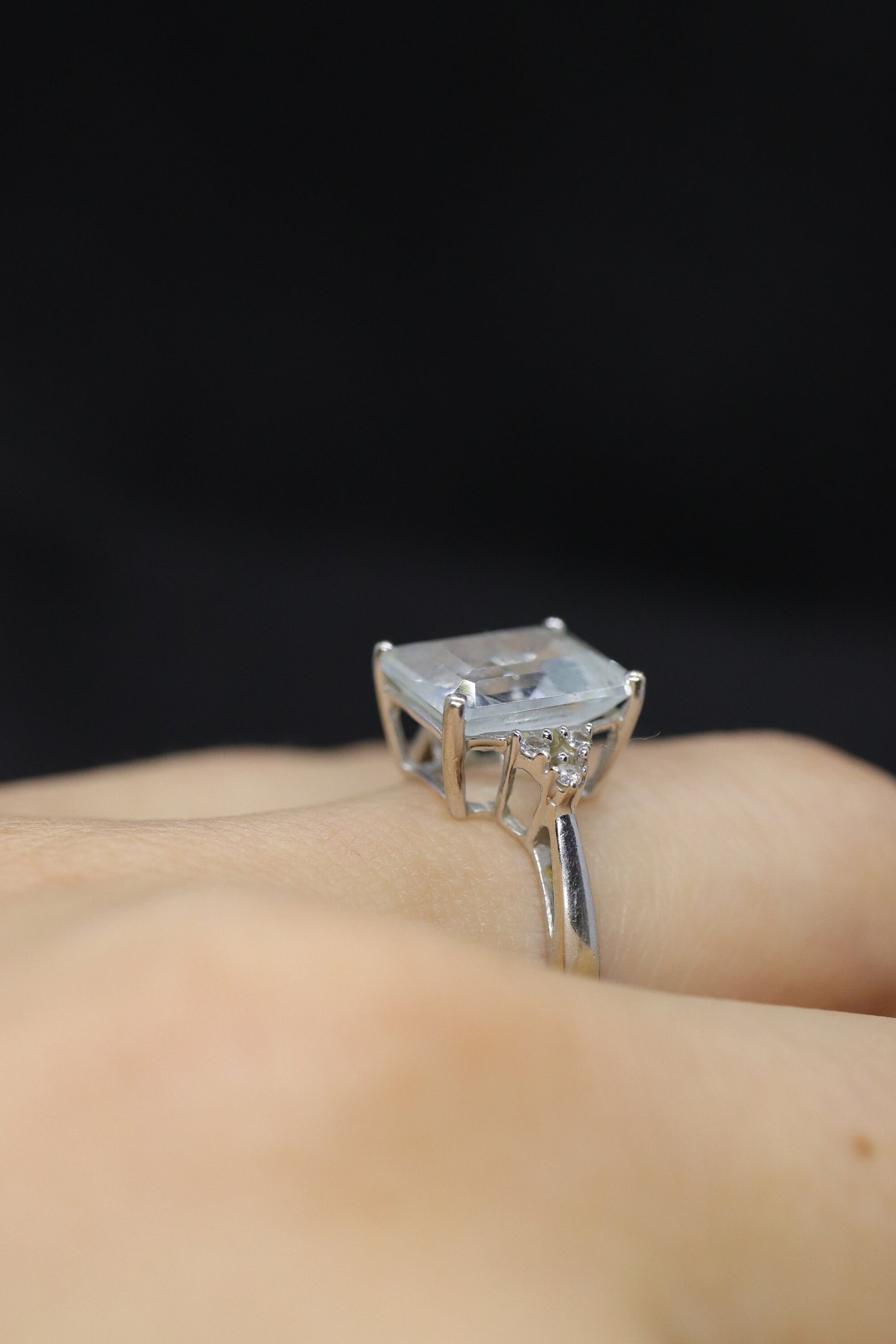 14k Aquamarine and Diamond ring. Large Aquamarine emerald solitaire ring.