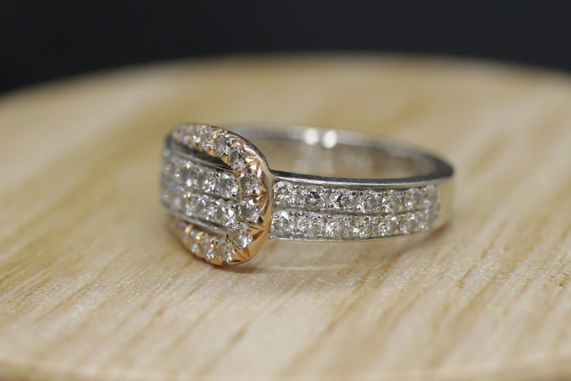 18k Pave Diamond Buckle Ring. SIMON G 18k diamond buckle ring. 18k White and Rose Gold