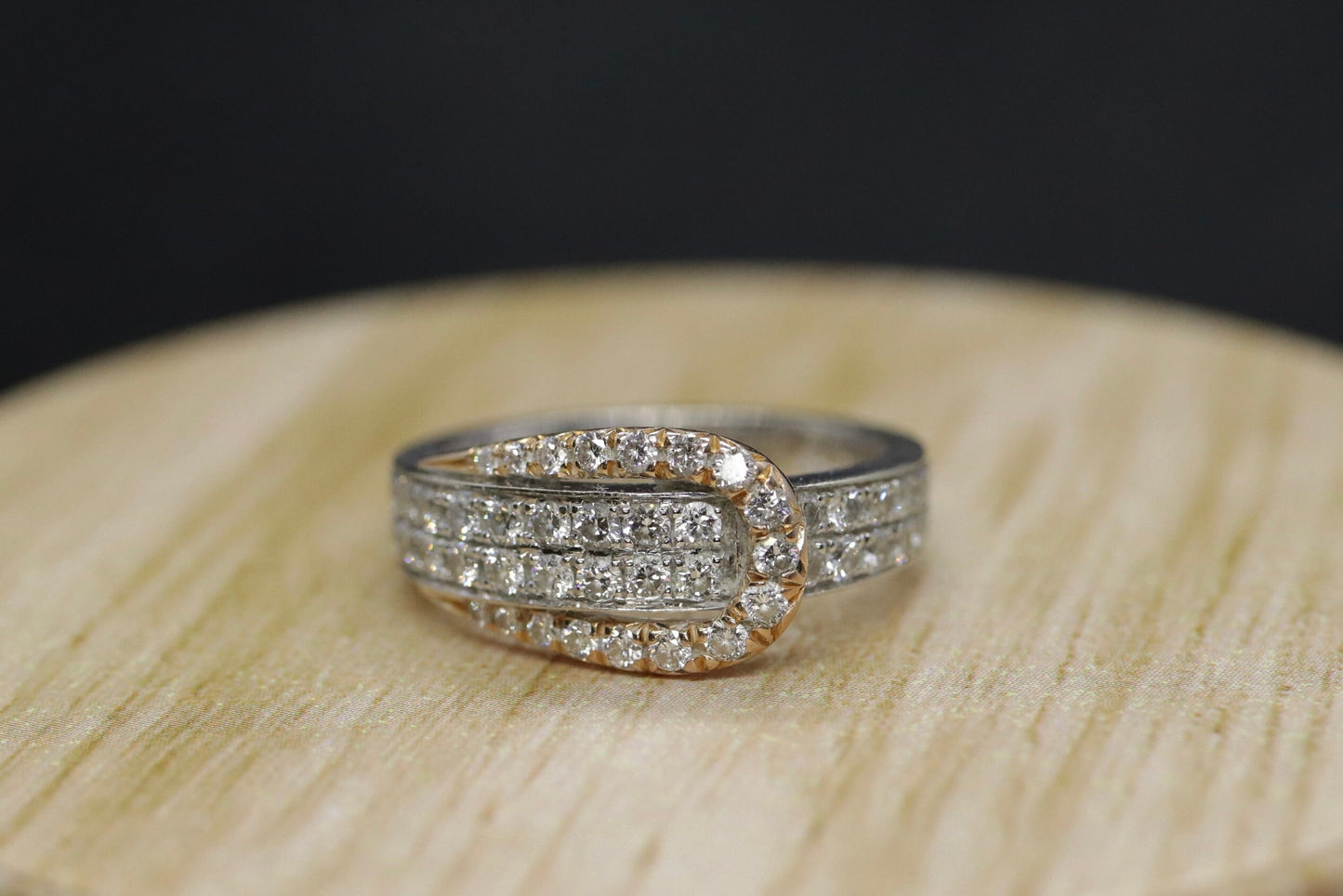 18k Pave Diamond Buckle Ring. SIMON G 18k diamond buckle ring. 18k White and Rose Gold