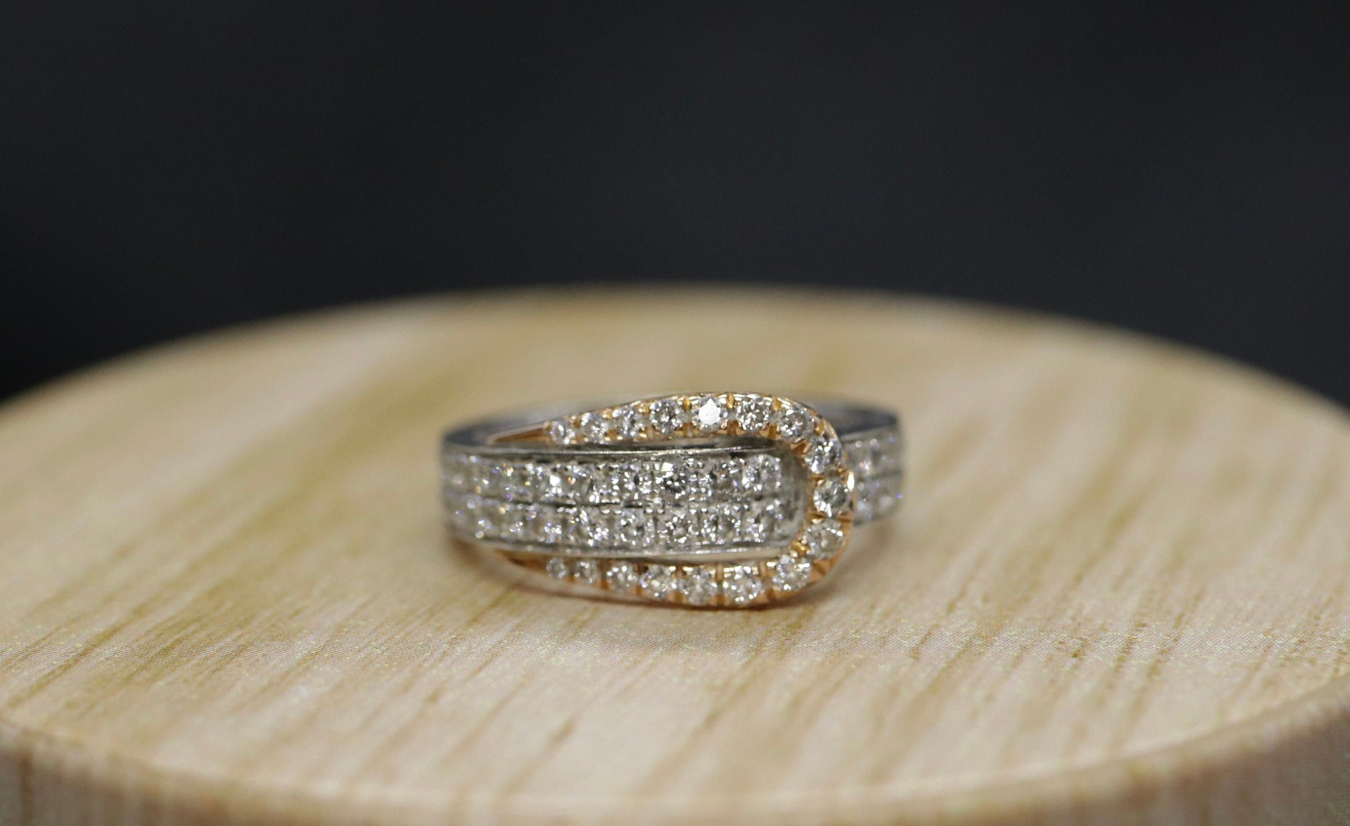 18k Pave Diamond Buckle Ring. SIMON G 18k diamond buckle ring. 18k White and Rose Gold