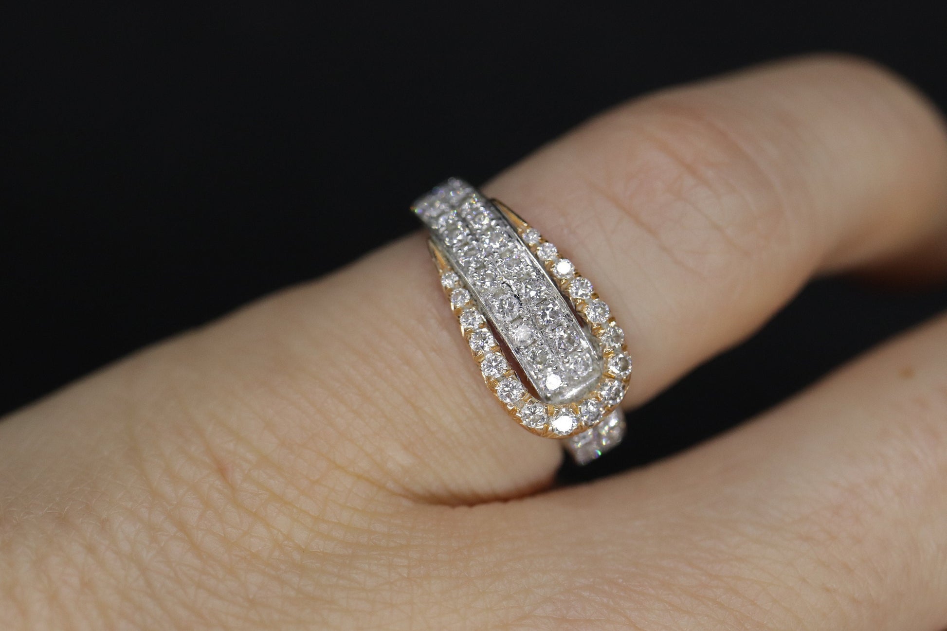 18k Pave Diamond Buckle Ring. SIMON G 18k diamond buckle ring. 18k White and Rose Gold