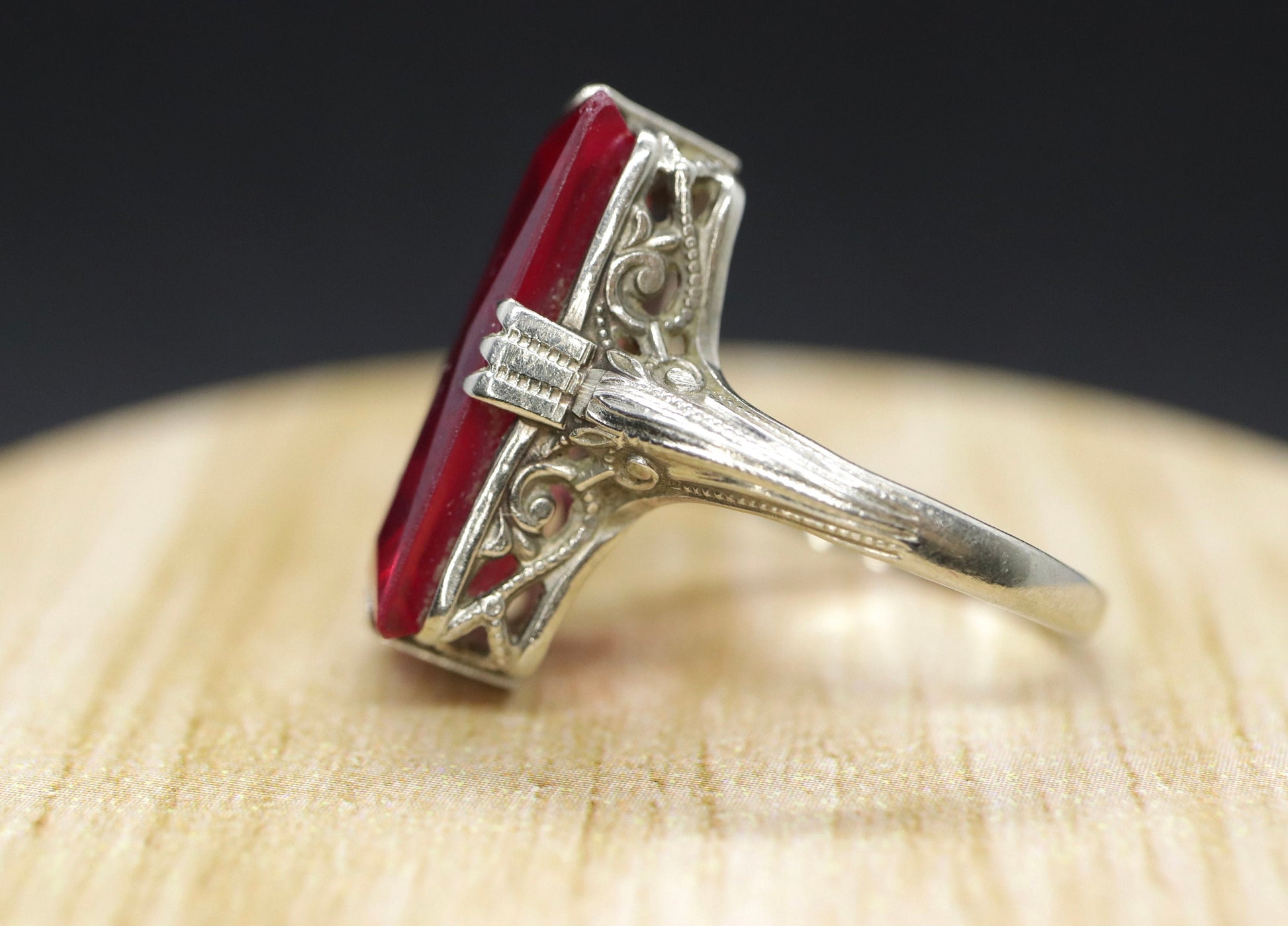 14k LC Ruby ring. Art Deco Filigree Ruby ring