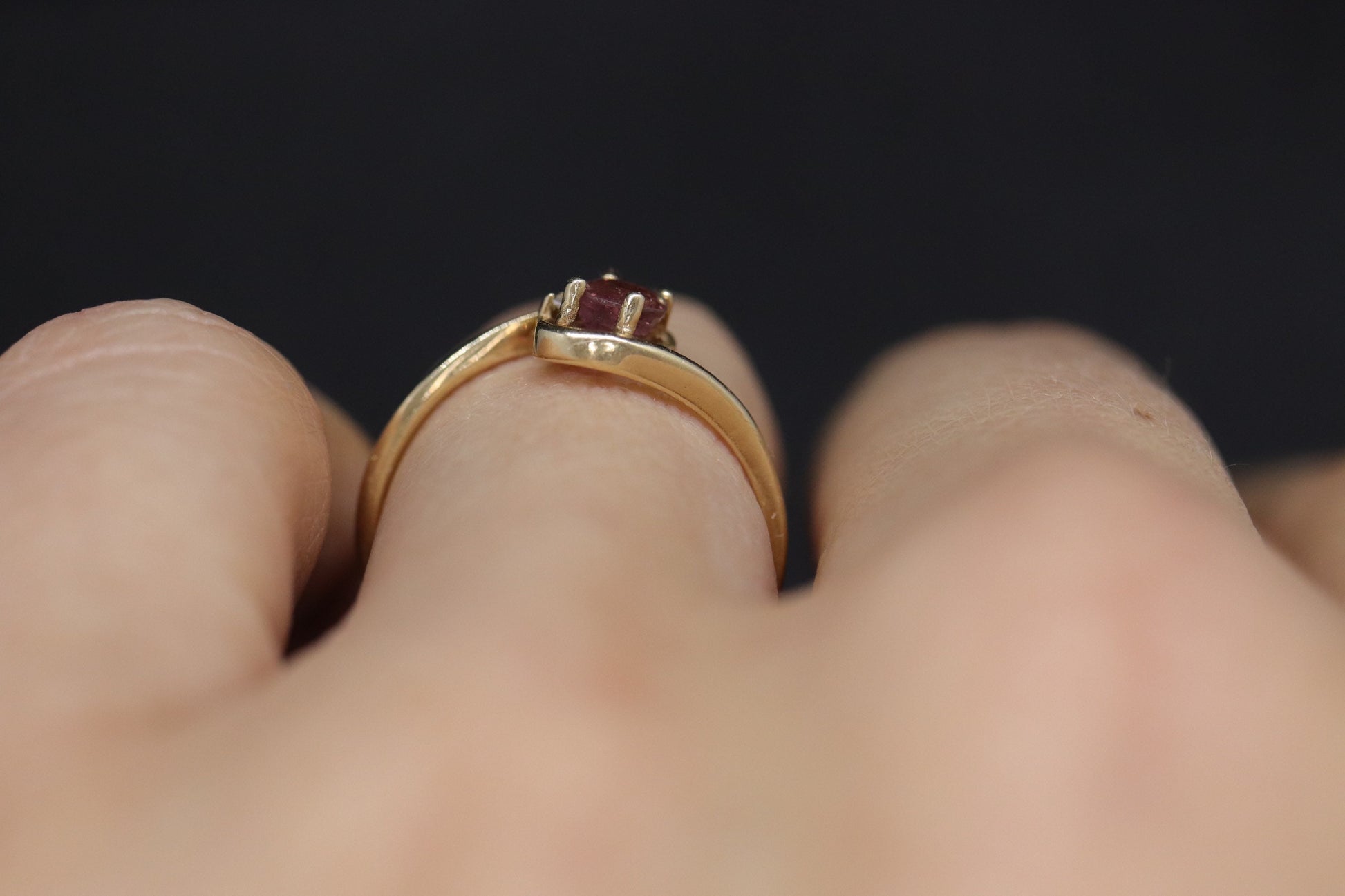 Dainty Ruby Ring. 10k round Ruby and Diamond Bypass ring