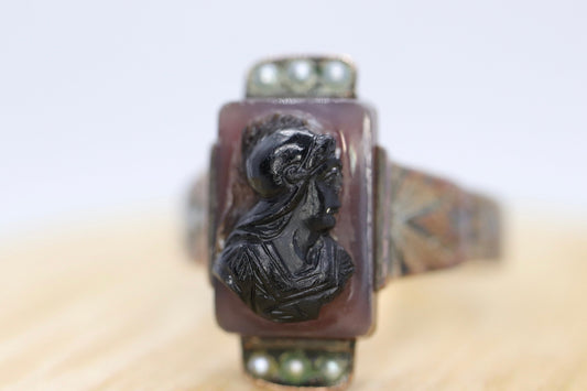 10k Antique Carved Roman soldier, Centurion Signet Ring. 10k gold Carved Victorian ring with pearl seeds