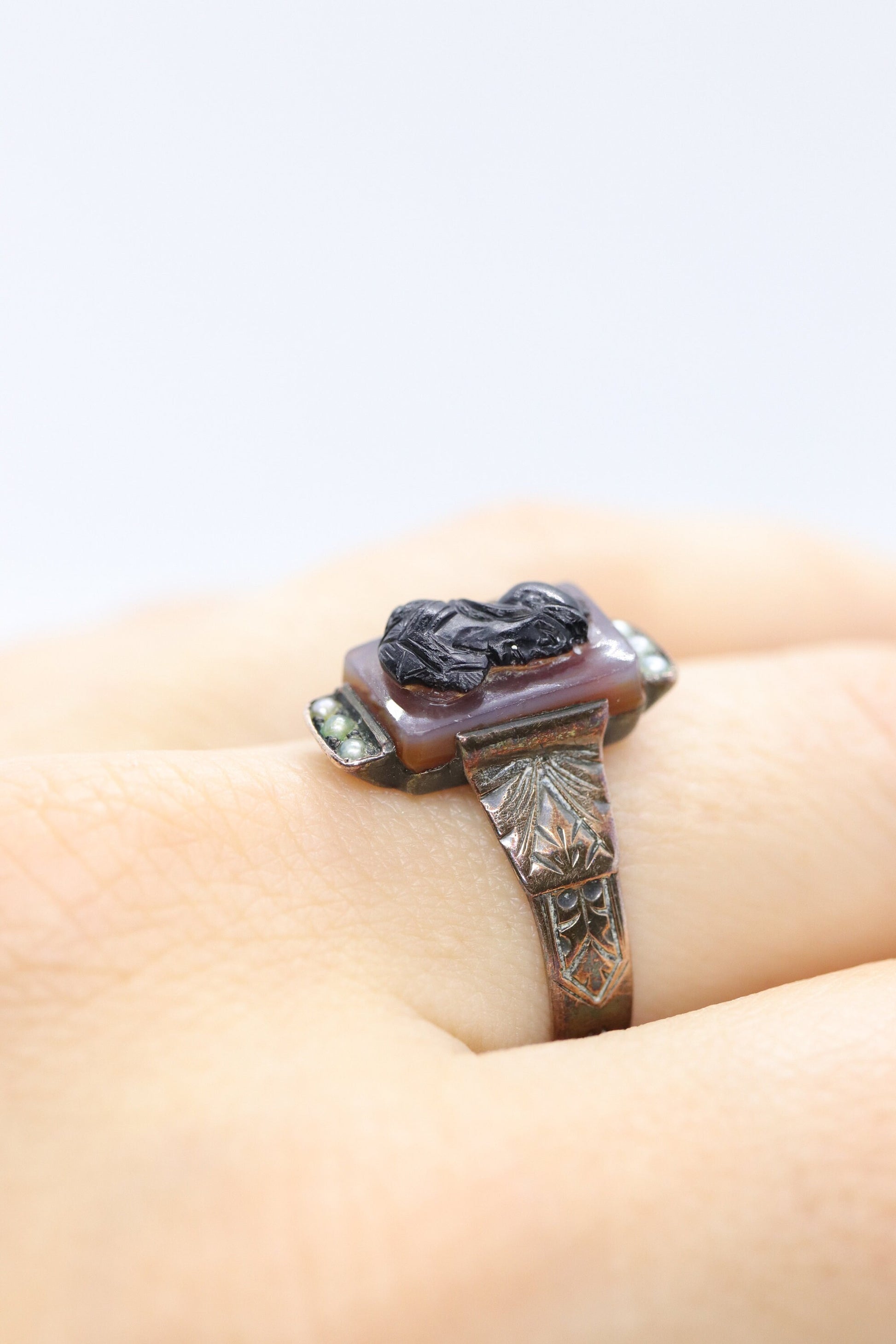 10k Antique Carved Roman soldier, Centurion Signet Ring. 10k gold Carved Victorian ring with pearl seeds