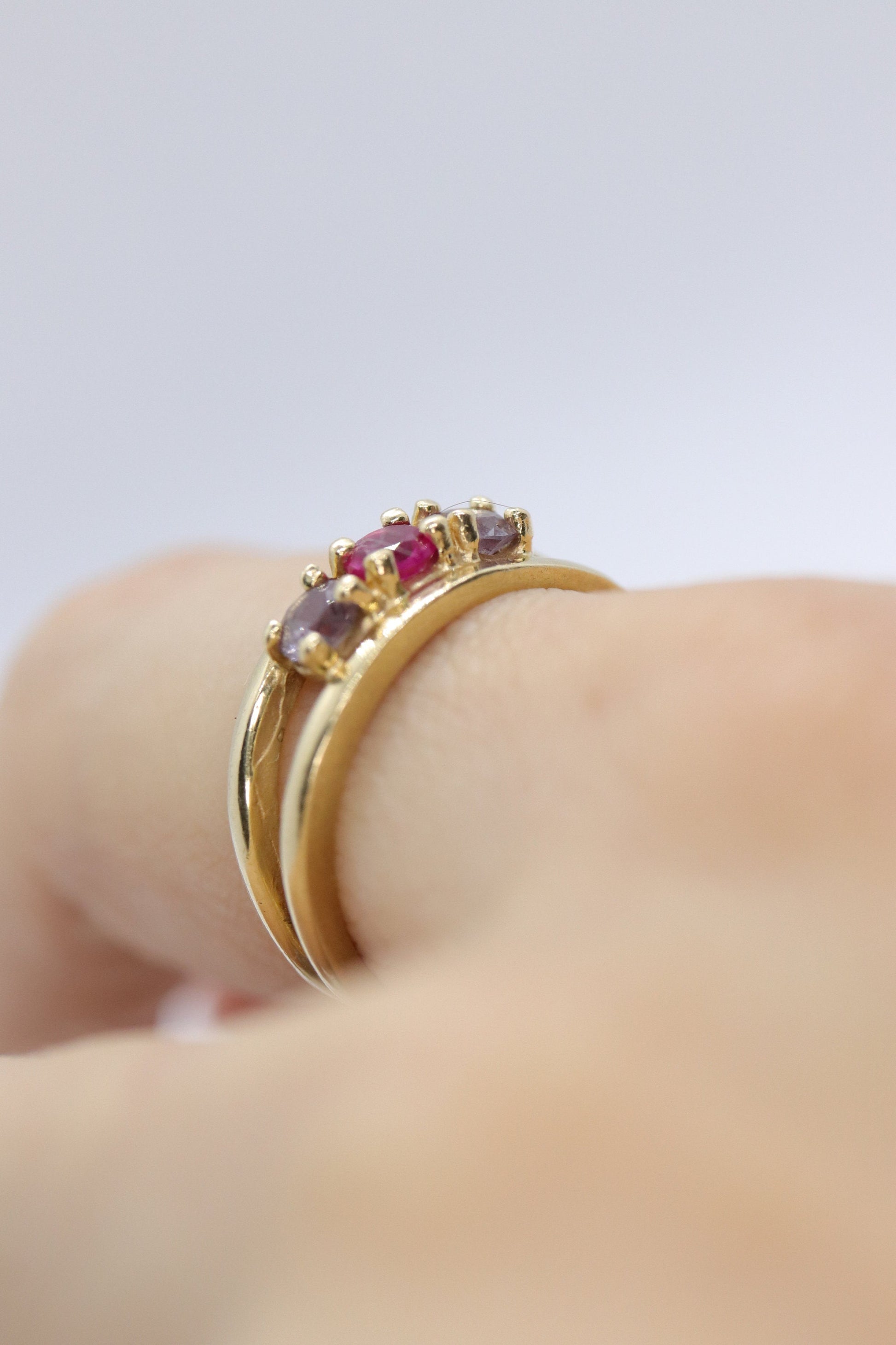 10k Yellow Gold  3 gemstone band. Ruby and Topaz band