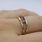 10k Yellow Gold  3 gemstone band. Ruby and Topaz band