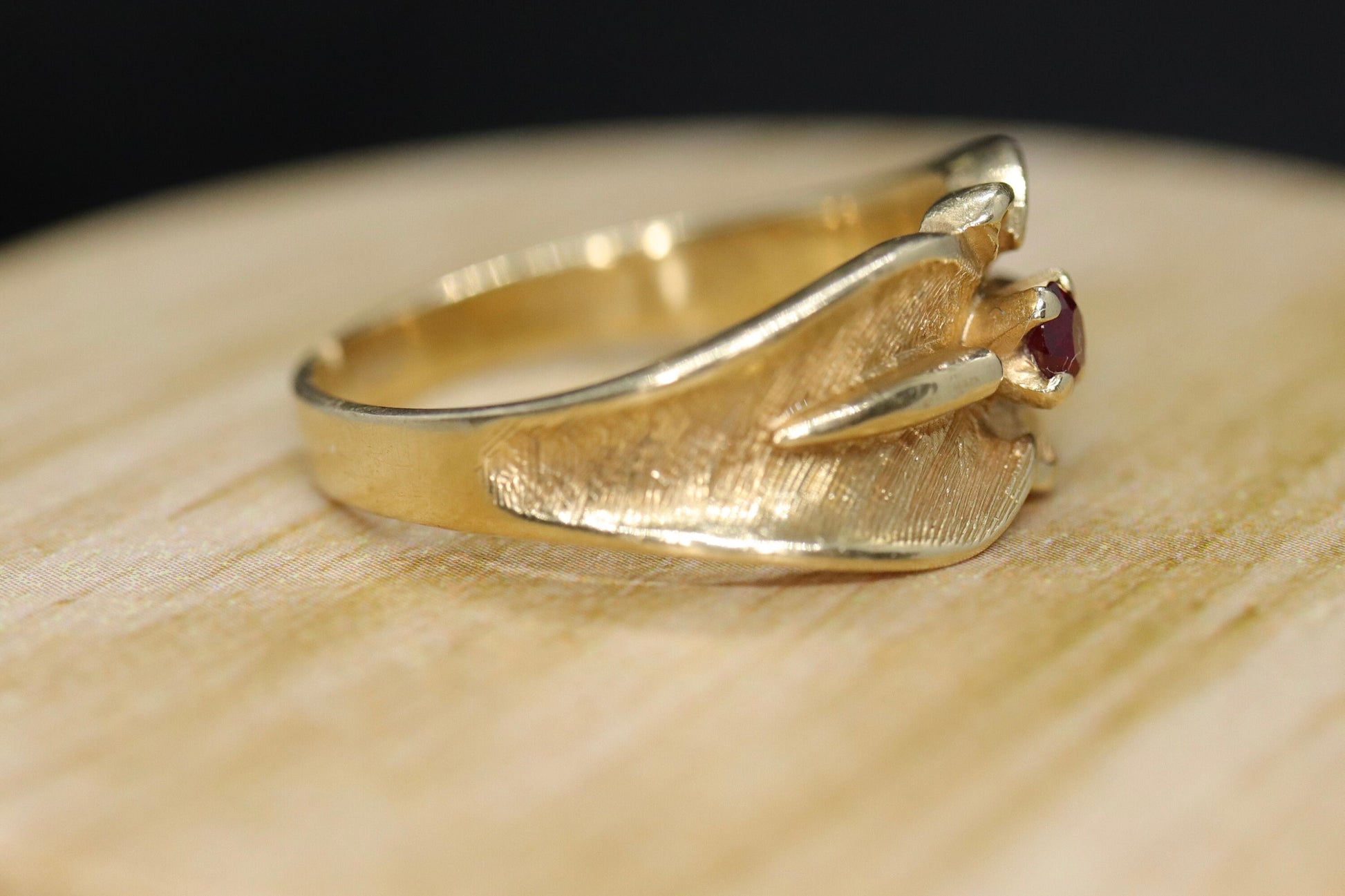 14k Ruby Ring. 14k round Ruby textured wide band