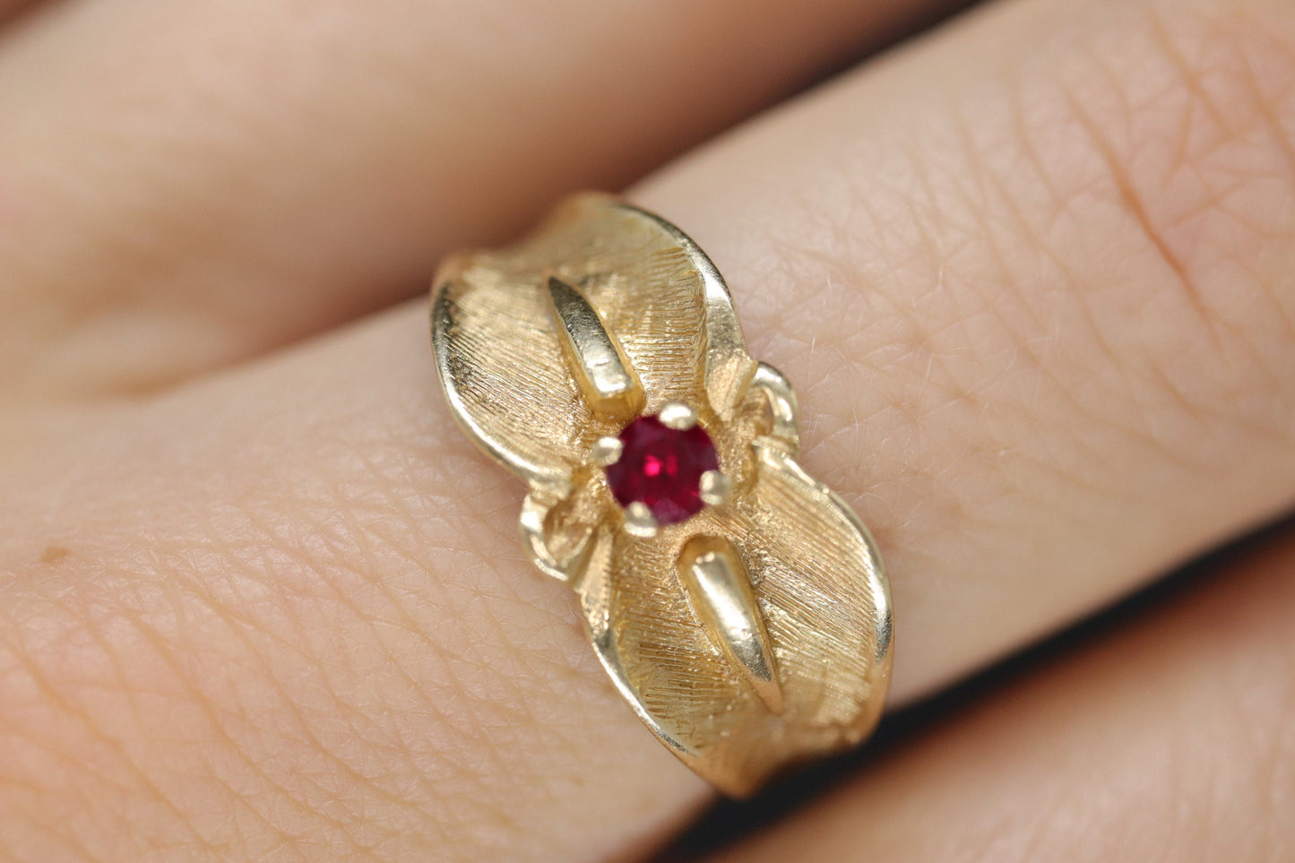 14k Ruby Ring. 14k round Ruby textured wide band