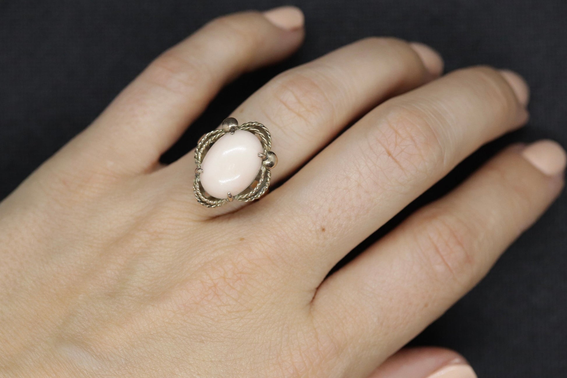 14k Large Oval Pink Angel Skin CORAL ring. Coral Cabochon statement ring (2365)