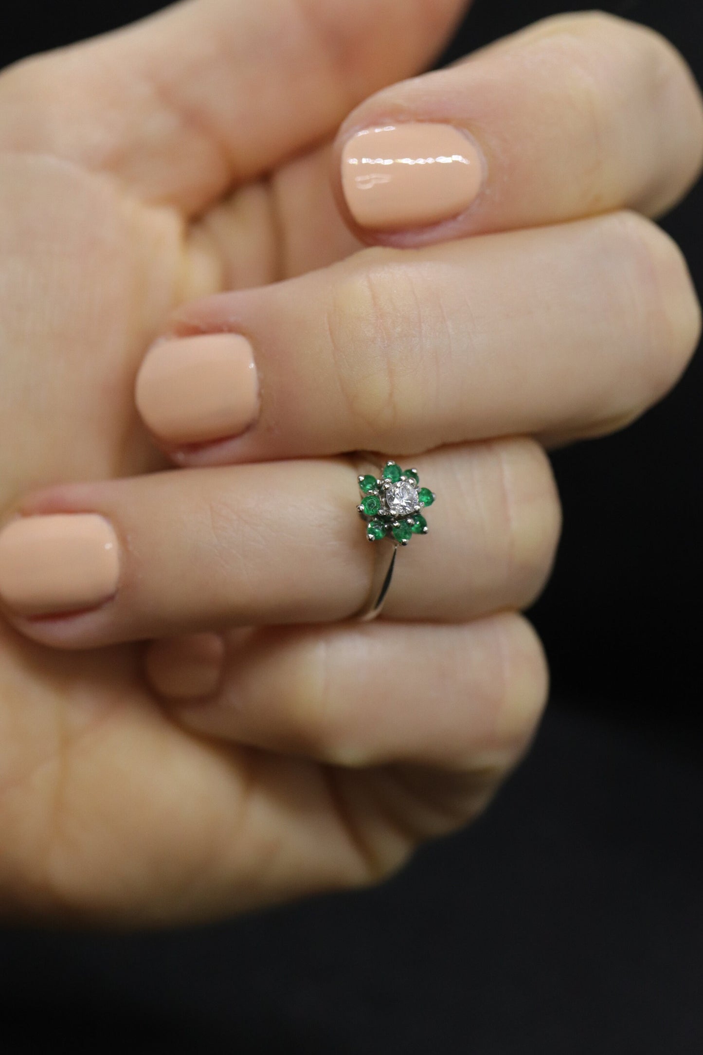 14k Emerald and Diamond Halo White gold ring. Emerald and Diamond Cluster ring. Pinkie sz 2.5 st88