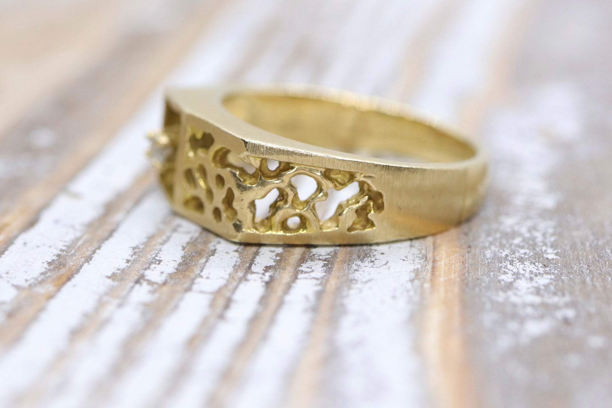 14k Mens Diamond Solitaire ring. Heavy Diamond prong set into gold nugget filigree band.