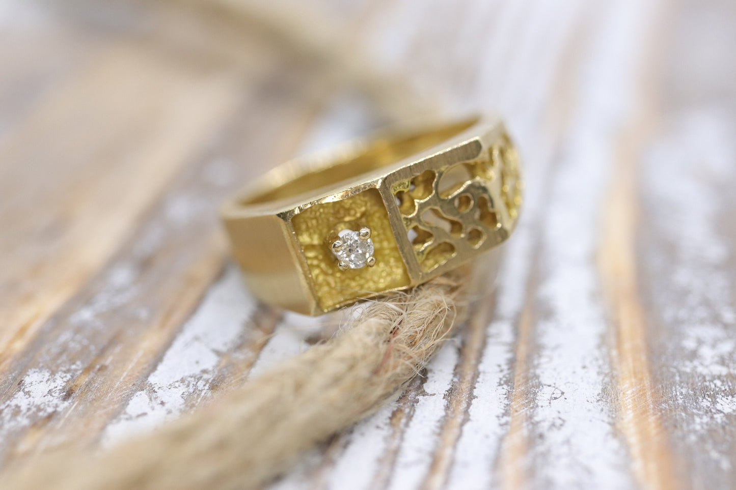 14k Mens Diamond Solitaire ring. Heavy Diamond prong set into gold nugget filigree band.