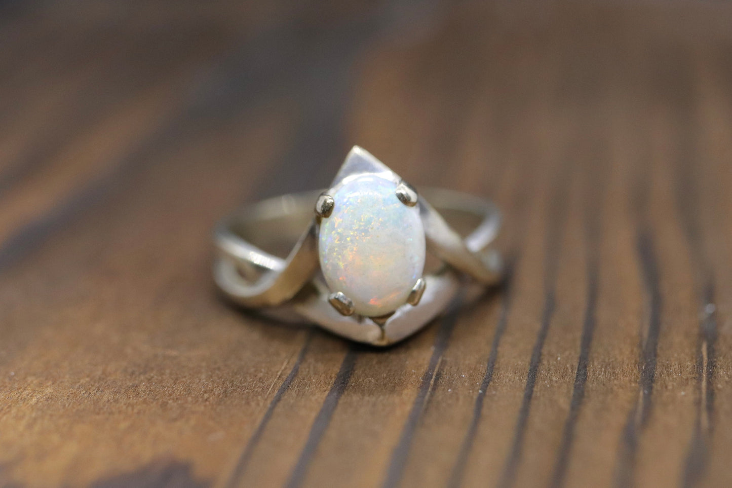 14k Large Opal Solitaire Claw set ring. Opal Bypass solitaire band.