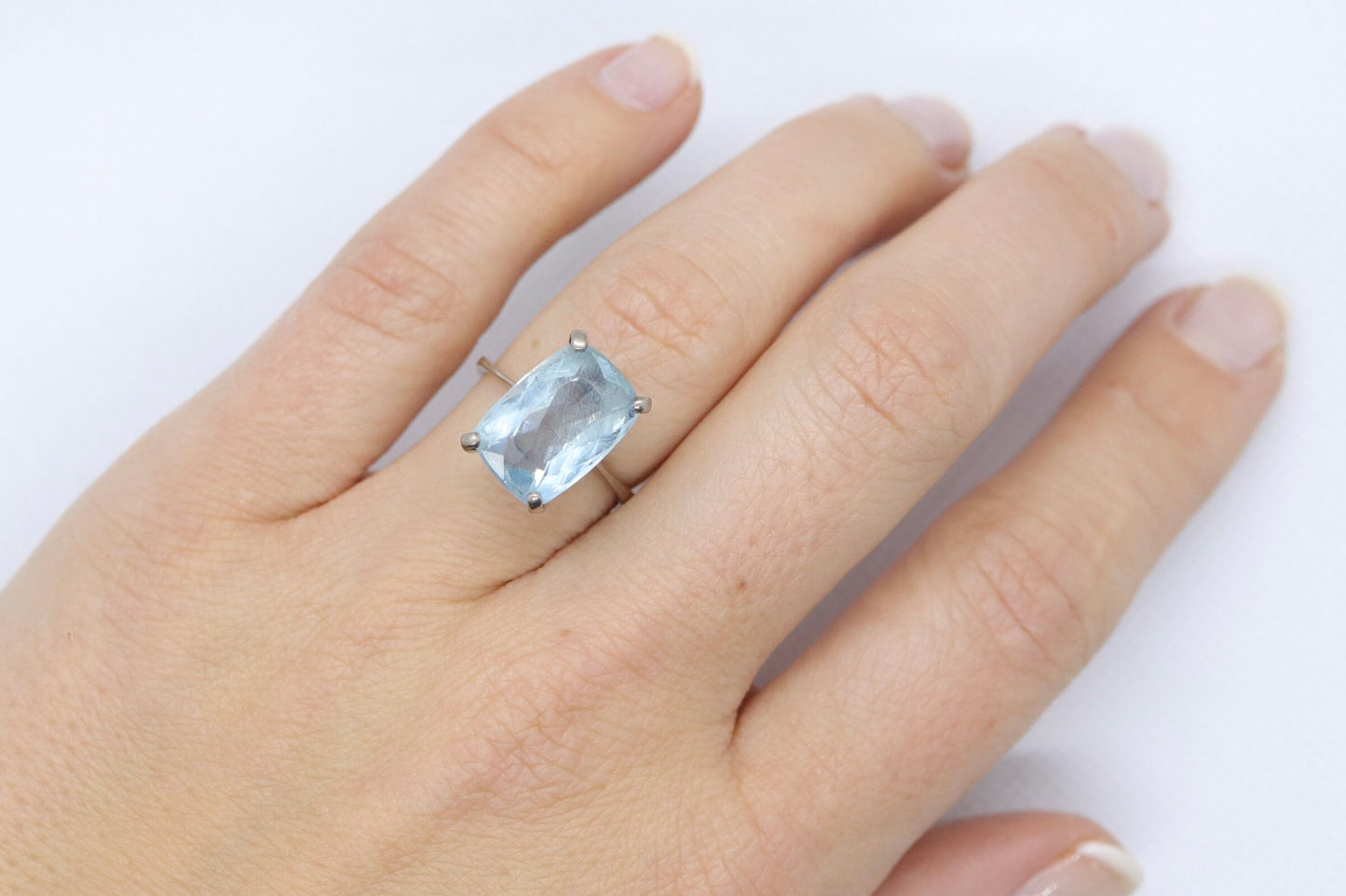 18k Aquamarine Solitaire ring. Huge Light Aquamarine 8.5ct Emerald cut gem. Engagement ring