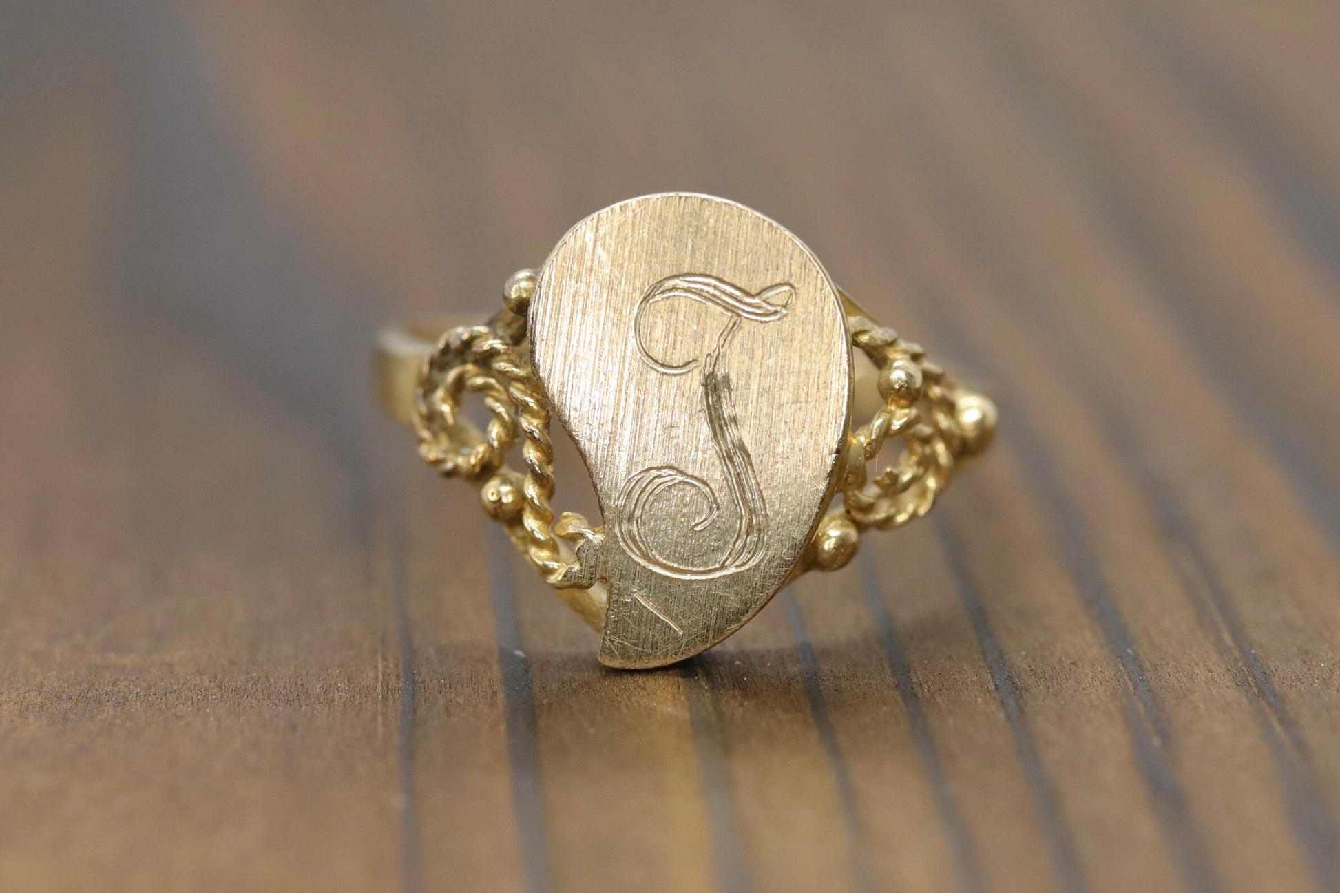 Signet Ring with letter I or J. 14k Yellow gold with Half Heart. Engraved letter I or J