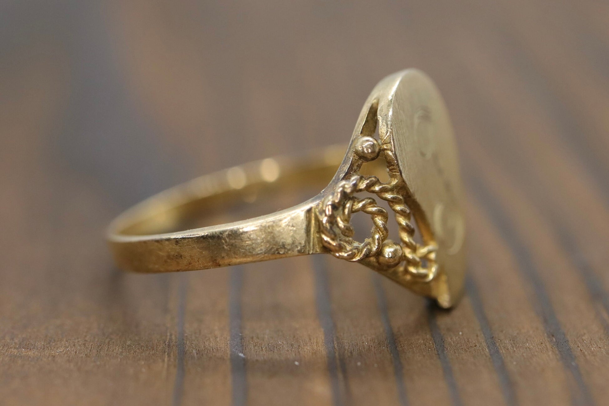 Signet Ring with letter I or J. 14k Yellow gold with Half Heart. Engraved letter I or J