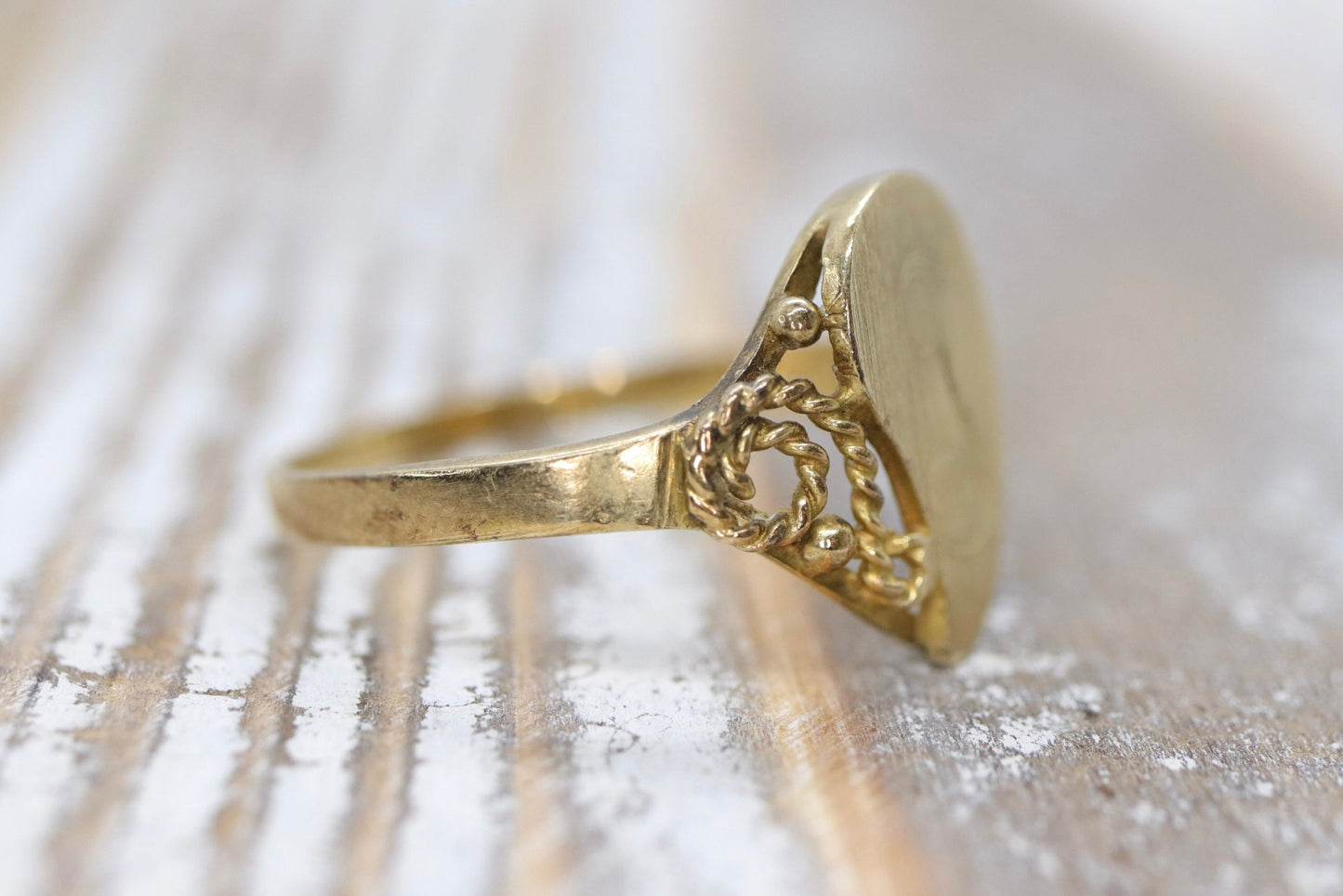 Signet Ring with letter I or J. 14k Yellow gold with Half Heart. Engraved letter I or J