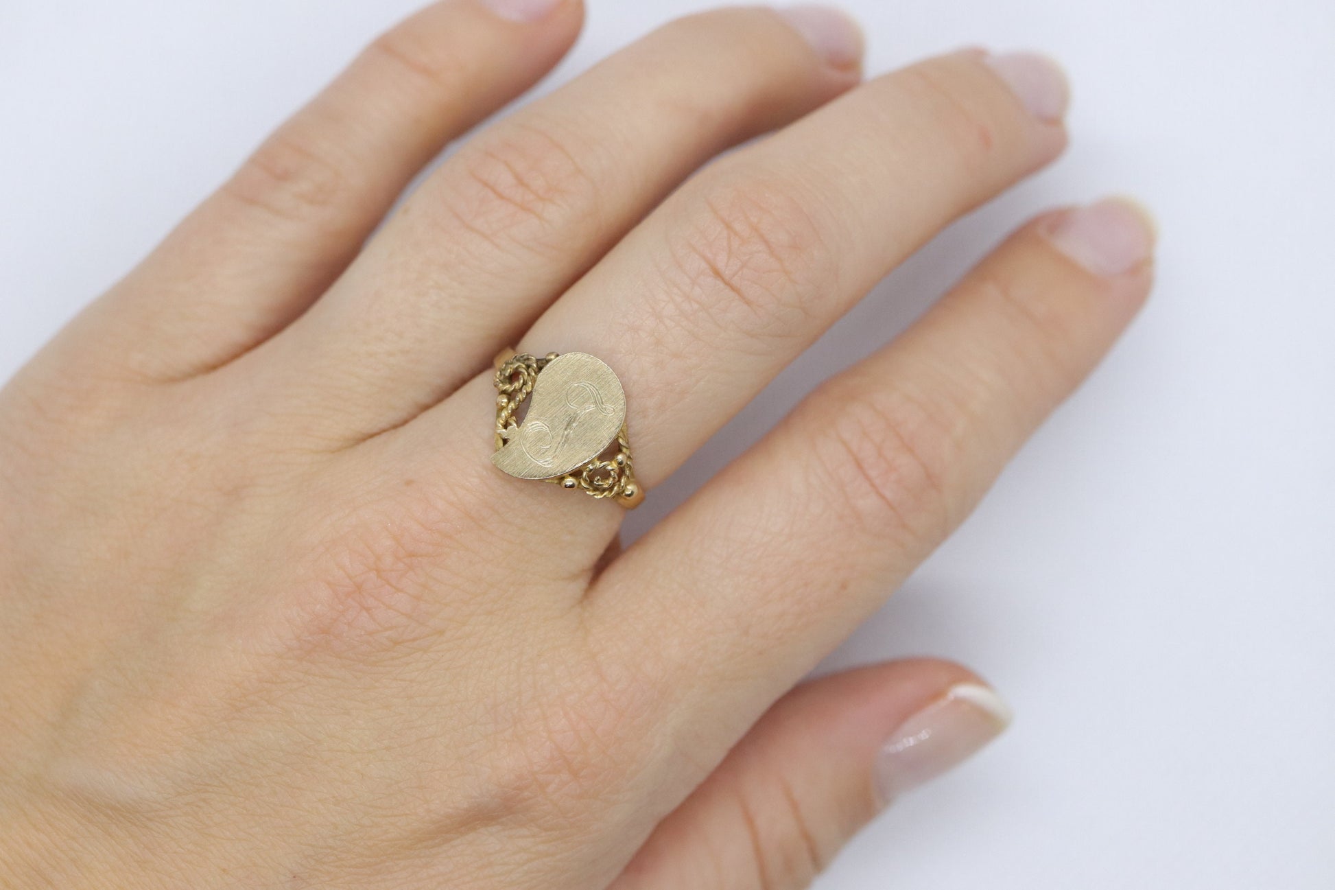 Signet Ring with letter I or J. 14k Yellow gold with Half Heart. Engraved letter I or J