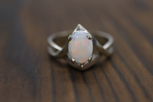 14k Large Opal Solitaire Claw set ring. Opal Bypass solitaire band.