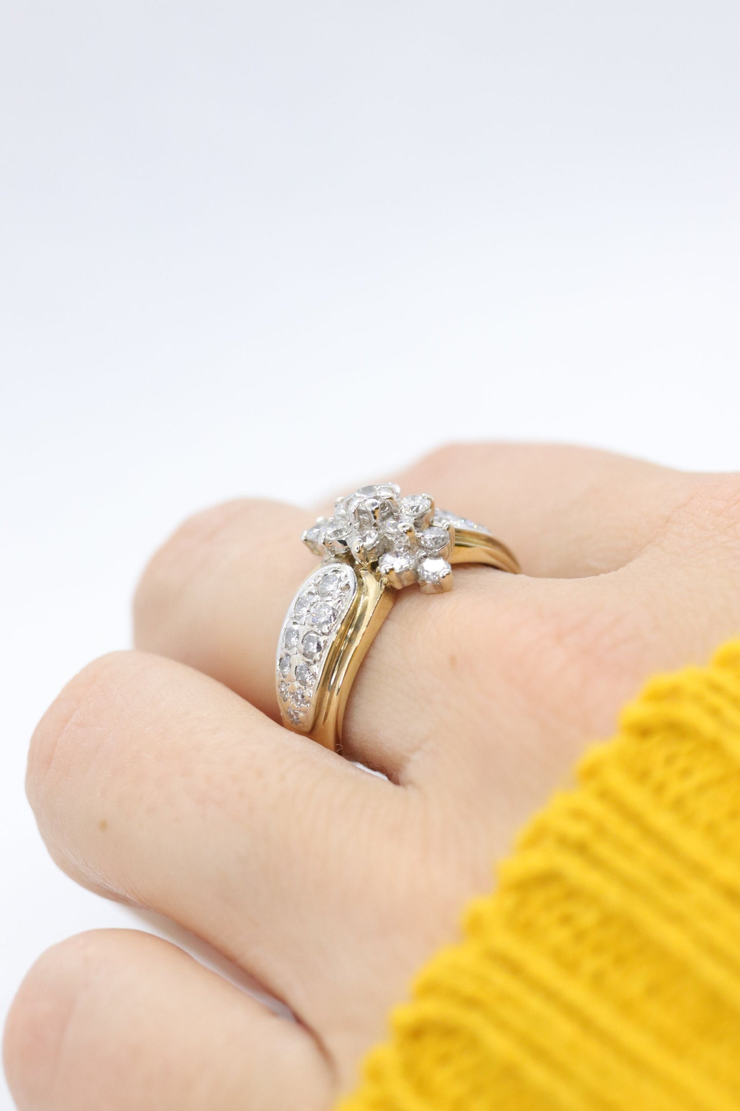 14k Yellow Gold Ring. Round Diamond Cluster Ring. Waterfall diamond. 1.46ctw diamonds