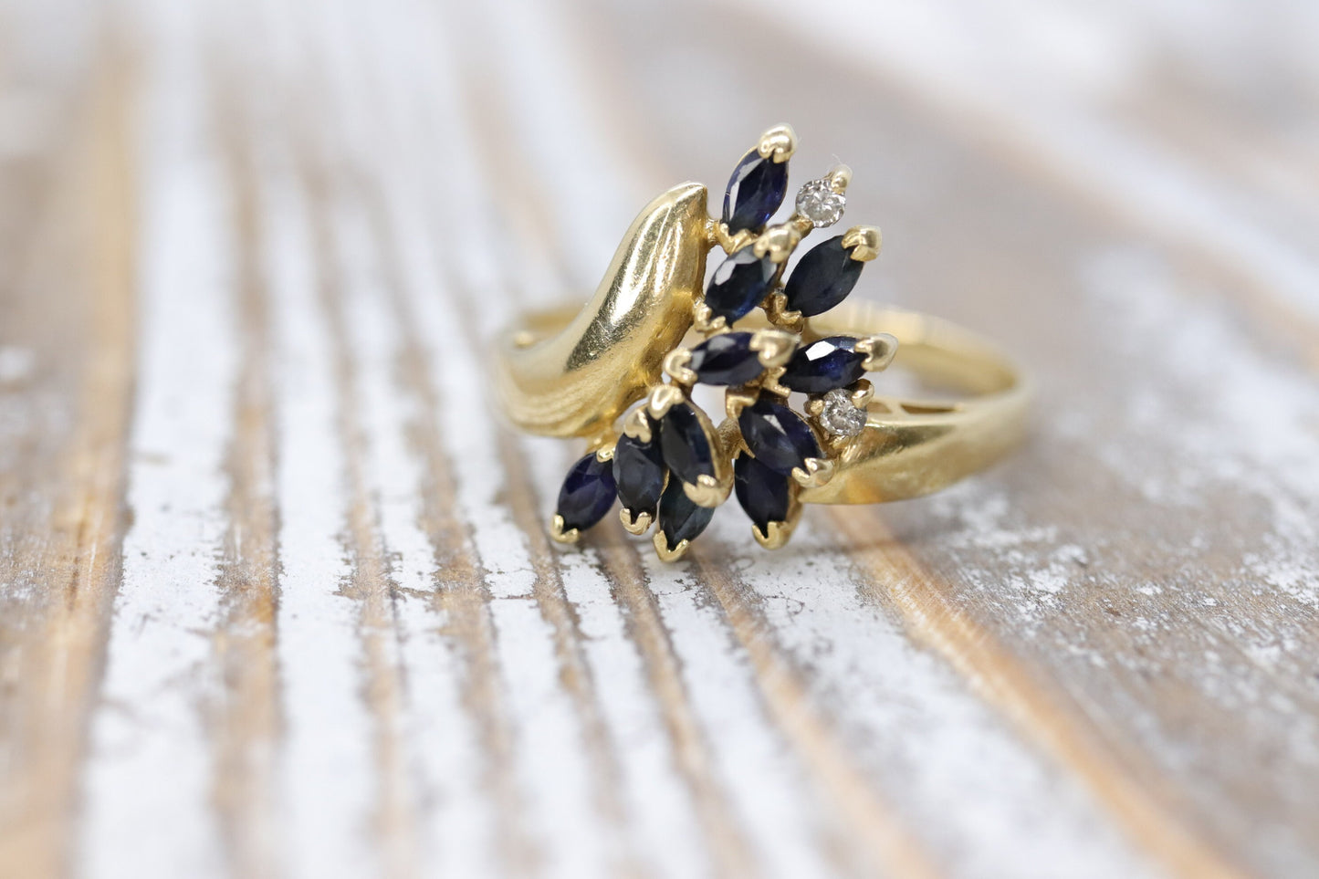 14k Sapphire Diamond Bypass ring. 14k Marquise Sapphire Flower Branch Vine cluster ring