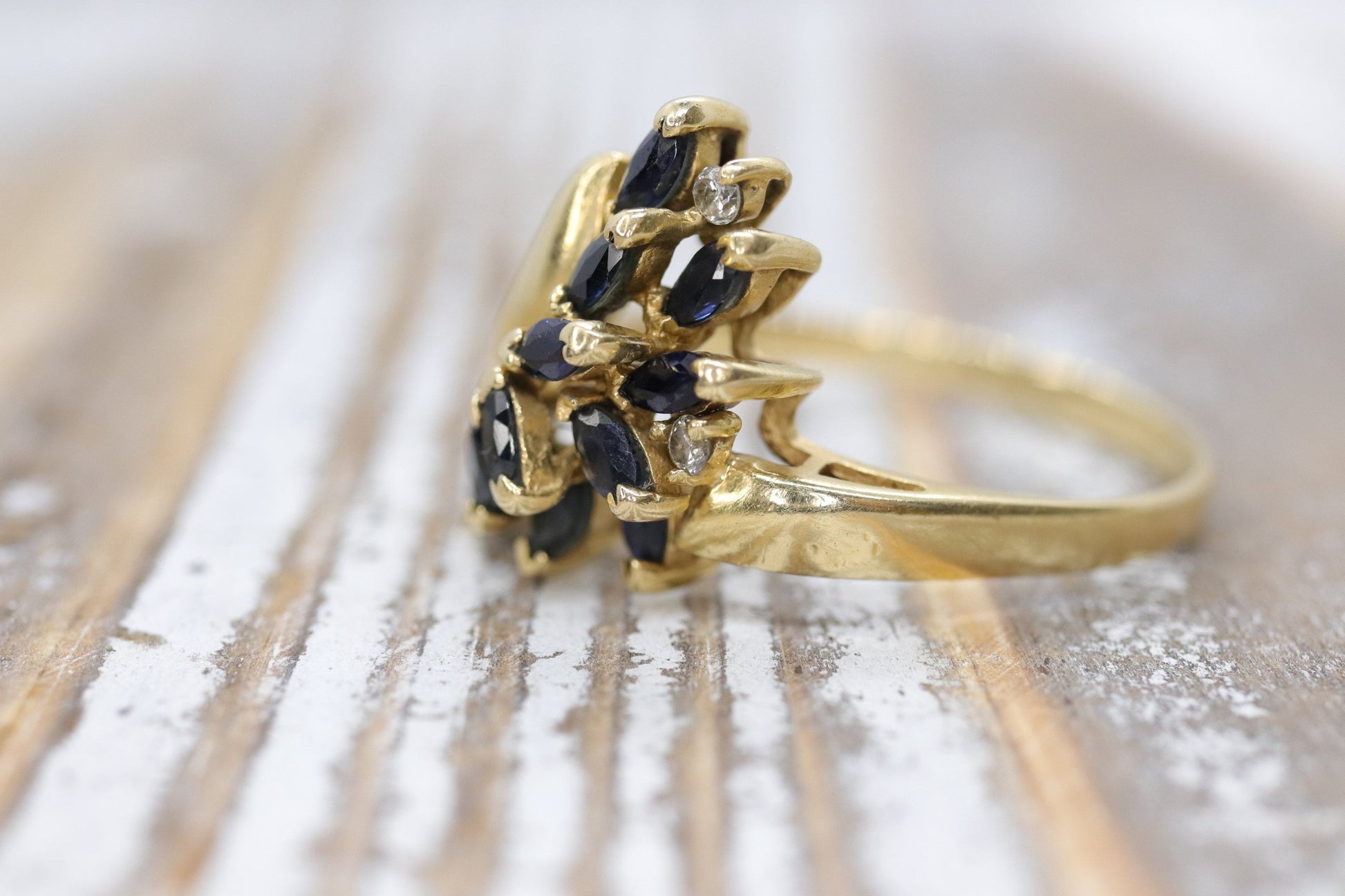 14k Sapphire Diamond Bypass ring. 14k Marquise Sapphire Flower Branch Vine cluster ring