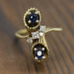 14k Sapphire Diamond Bypass ring. 14k Sapphire Flower Cones Vine cluster ring