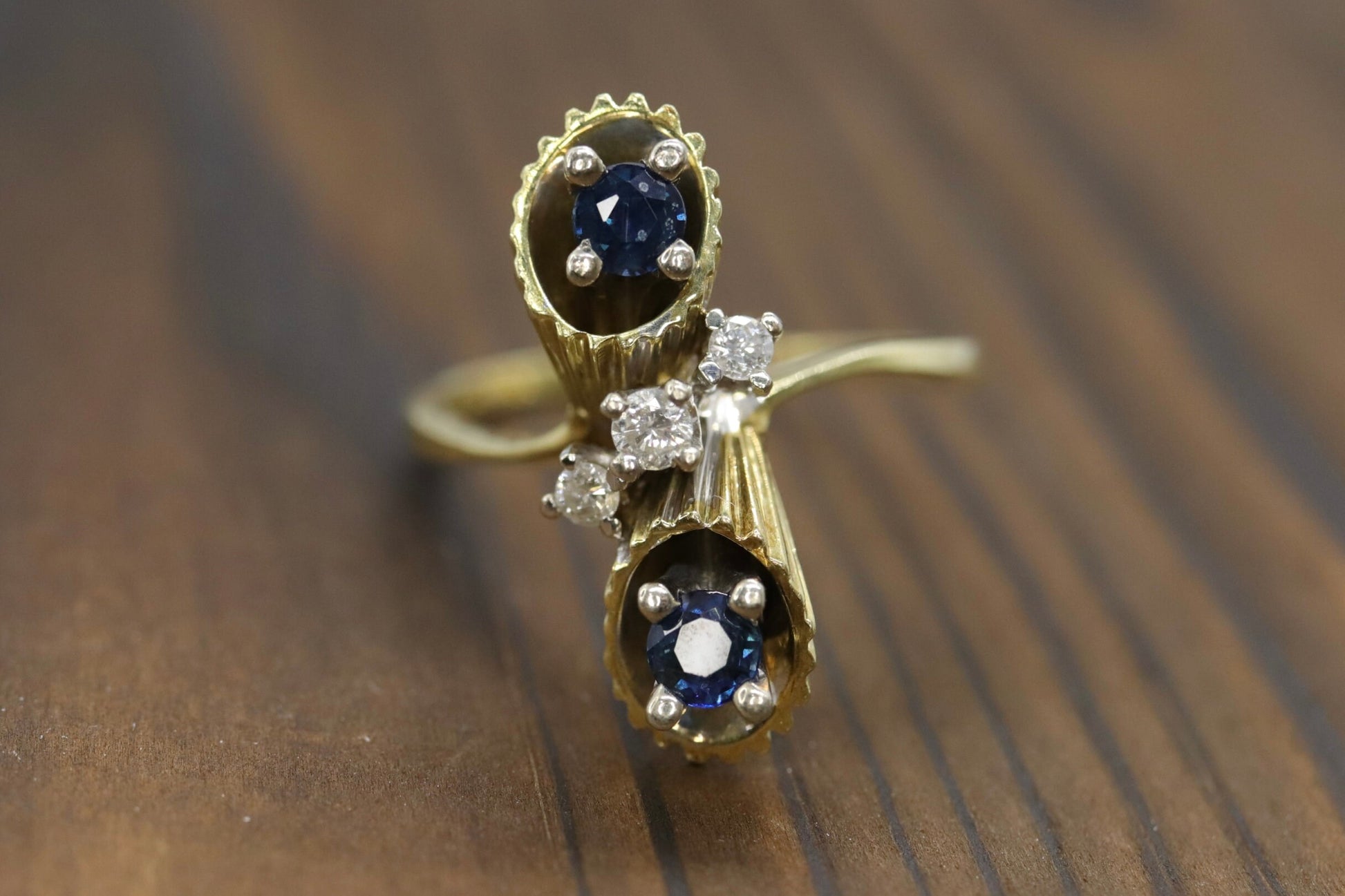 14k Sapphire Diamond Bypass ring. 14k Sapphire Flower Cones Vine cluster ring