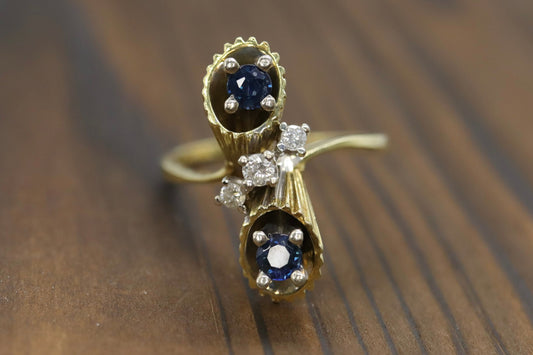 14k Sapphire Diamond Bypass ring. 14k Sapphire Flower Cones Vine cluster ring