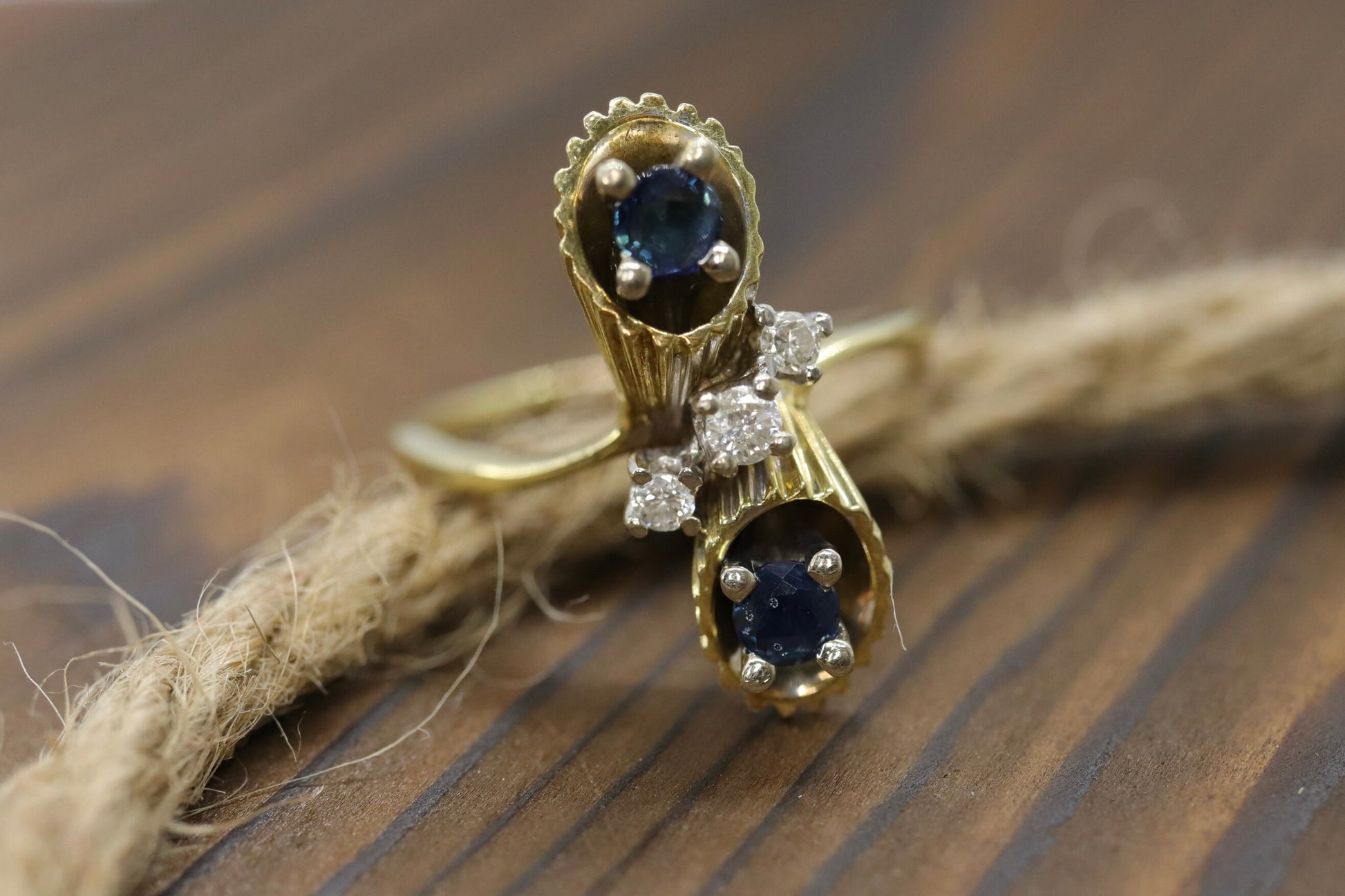 14k Sapphire Diamond Bypass ring. 14k Sapphire Flower Cones Vine cluster ring