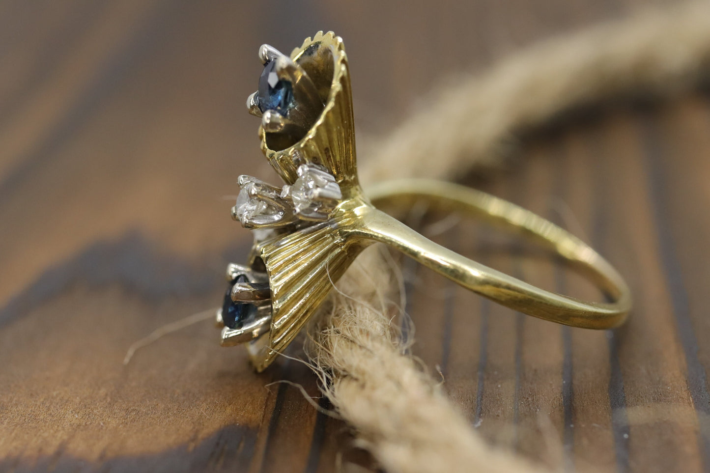 14k Sapphire Diamond Bypass ring. 14k Sapphire Flower Cones Vine cluster ring