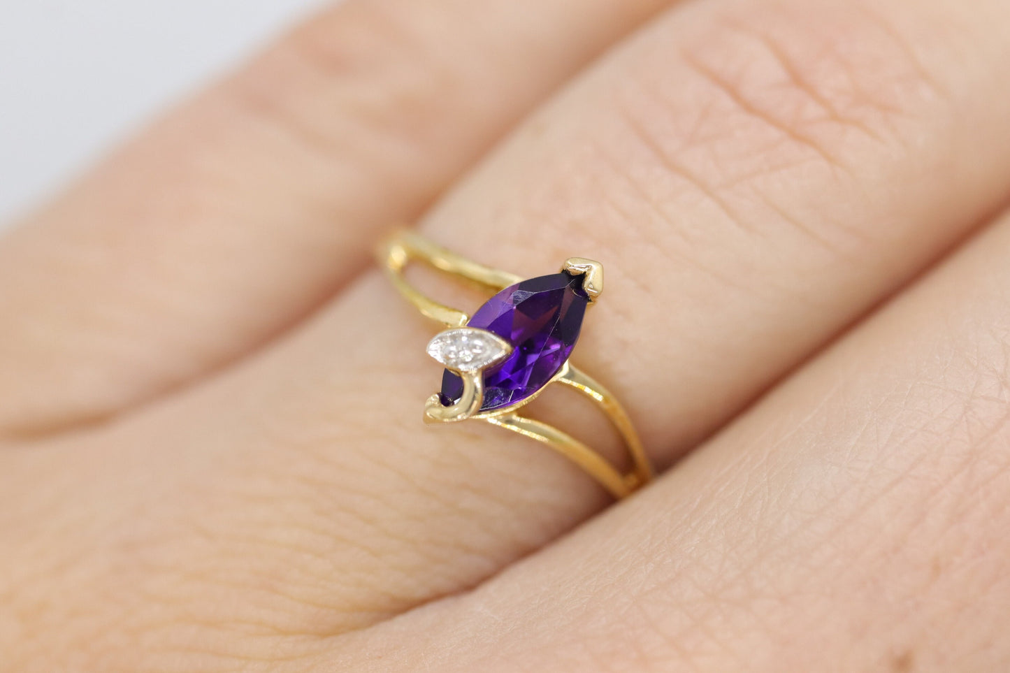 Marquise Amethyst 10k Gold ring. Amethyst and diamond Ring.