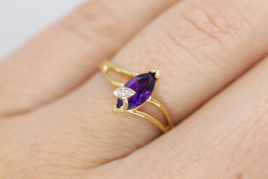 Marquise Amethyst 10k Gold ring. Amethyst and diamond Ring.