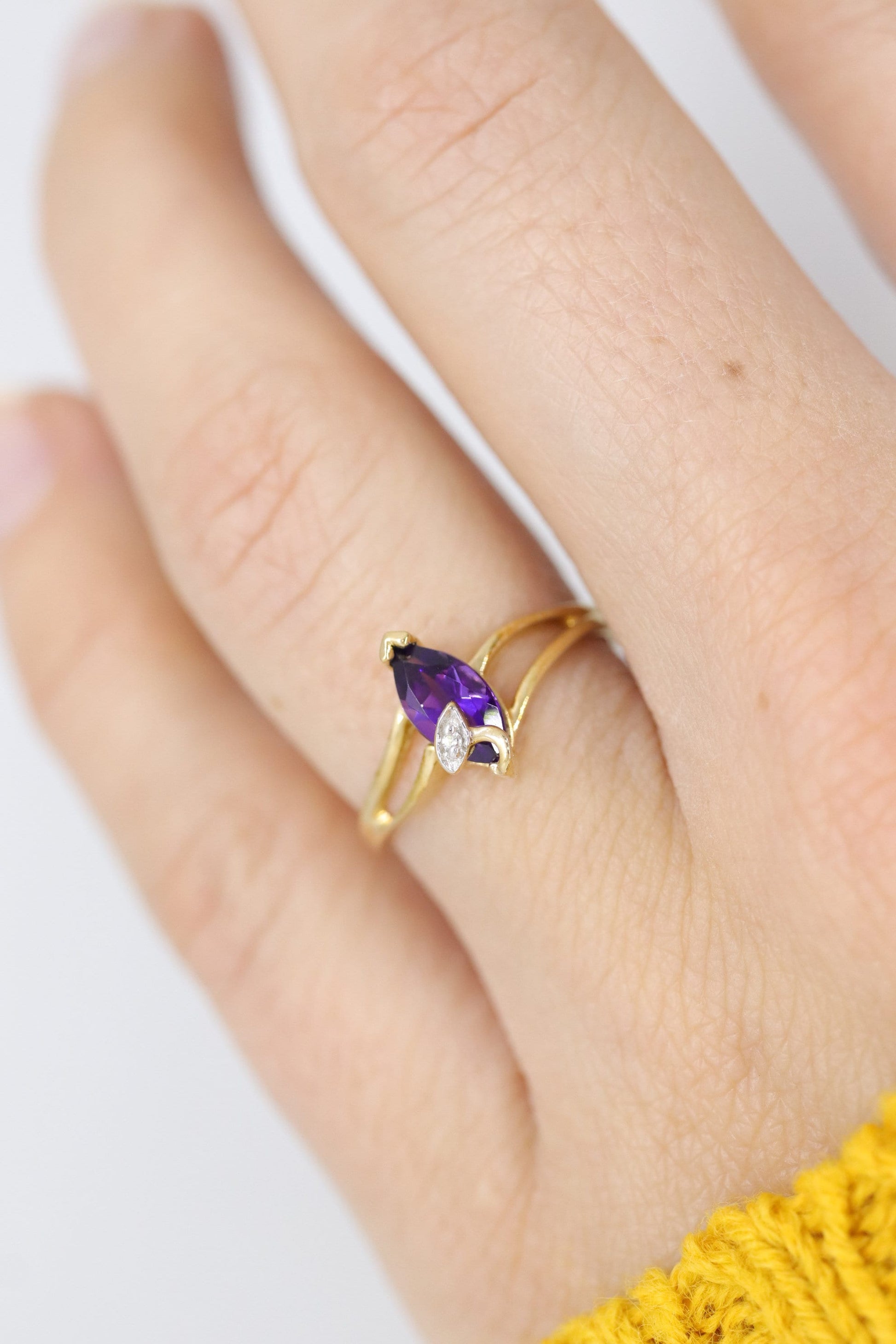 Marquise Amethyst 10k Gold ring. Amethyst and diamond Ring.