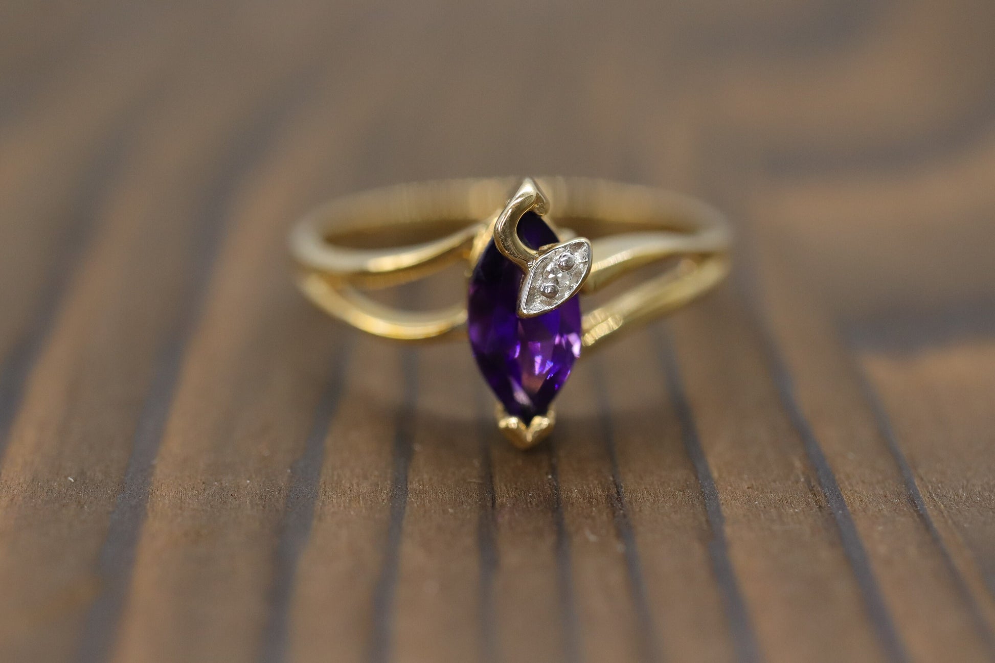 Marquise Amethyst 10k Gold ring. Amethyst and diamond Ring.