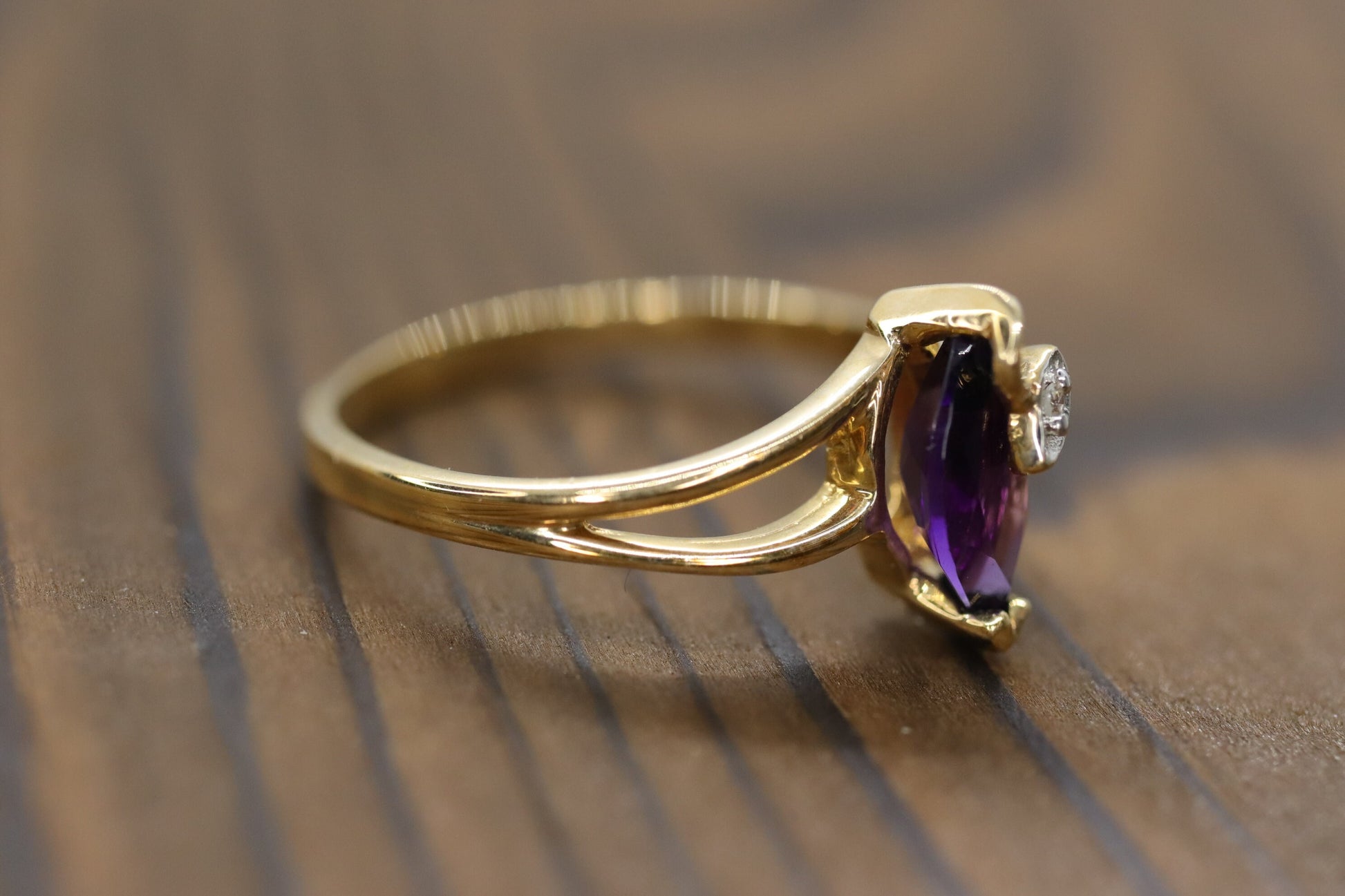 Marquise Amethyst 10k Gold ring. Amethyst and diamond Ring.