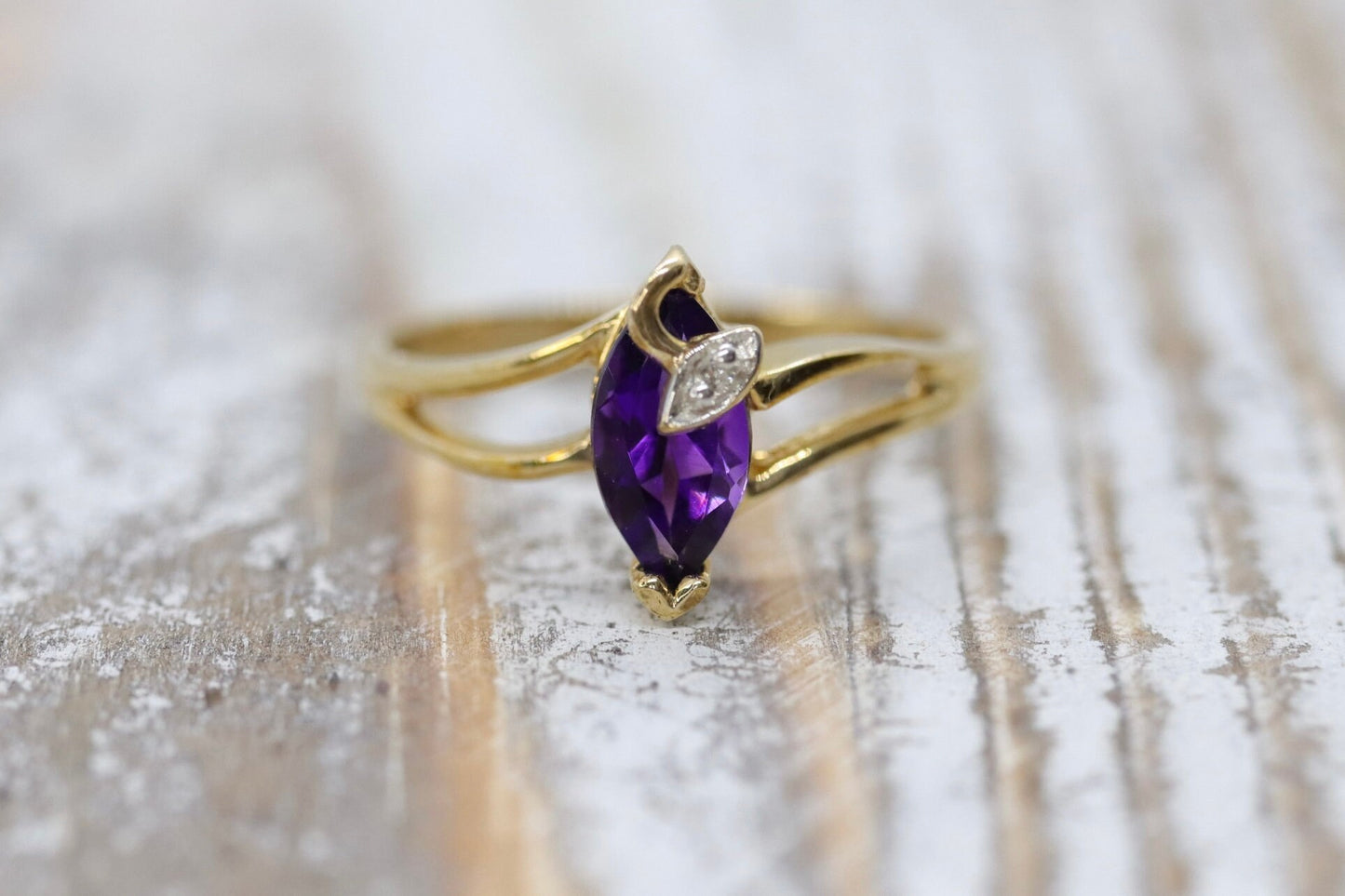 Marquise Amethyst 10k Gold ring. Amethyst and diamond Ring.