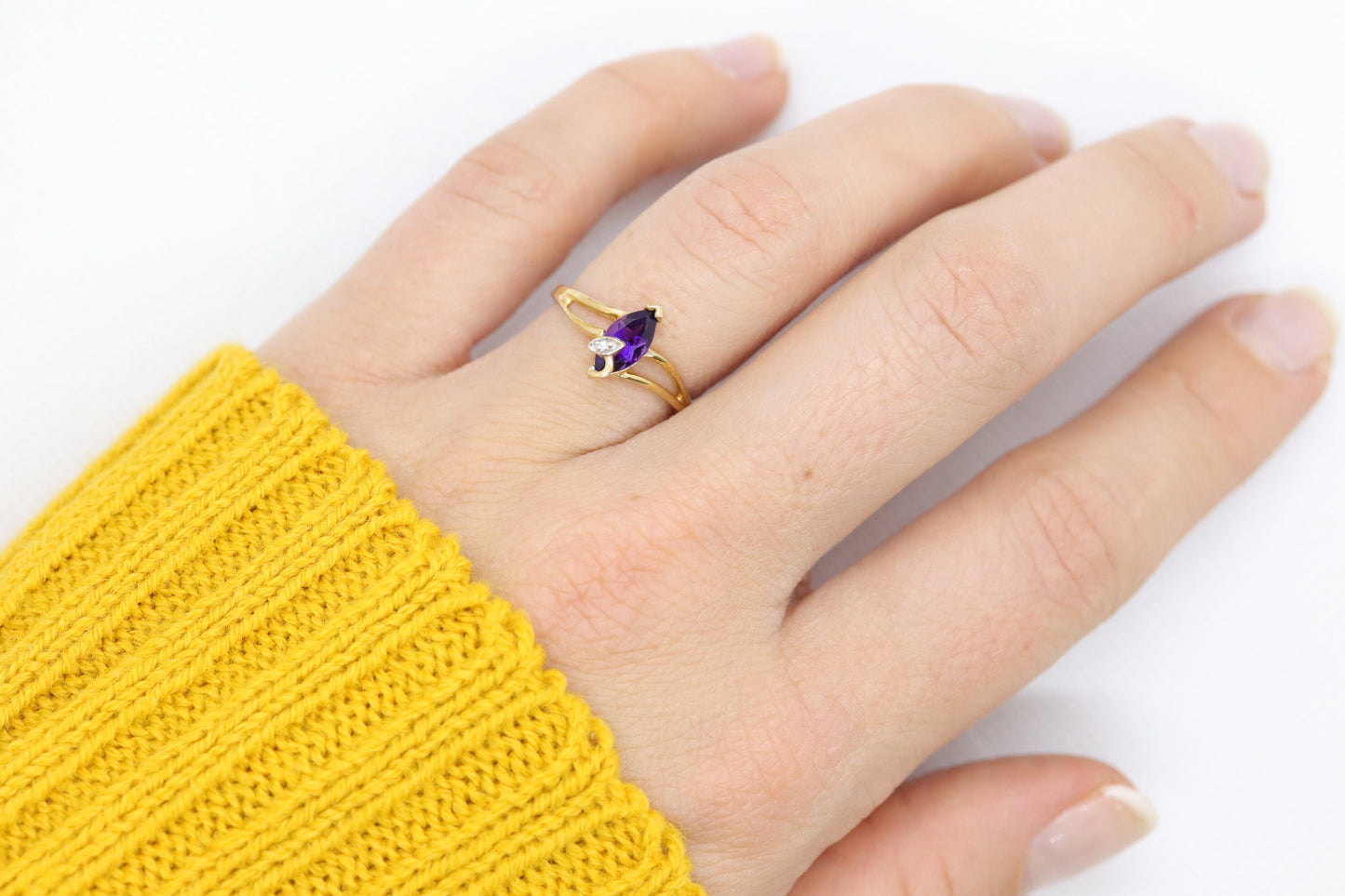 Marquise Amethyst 10k Gold ring. Amethyst and diamond Ring.