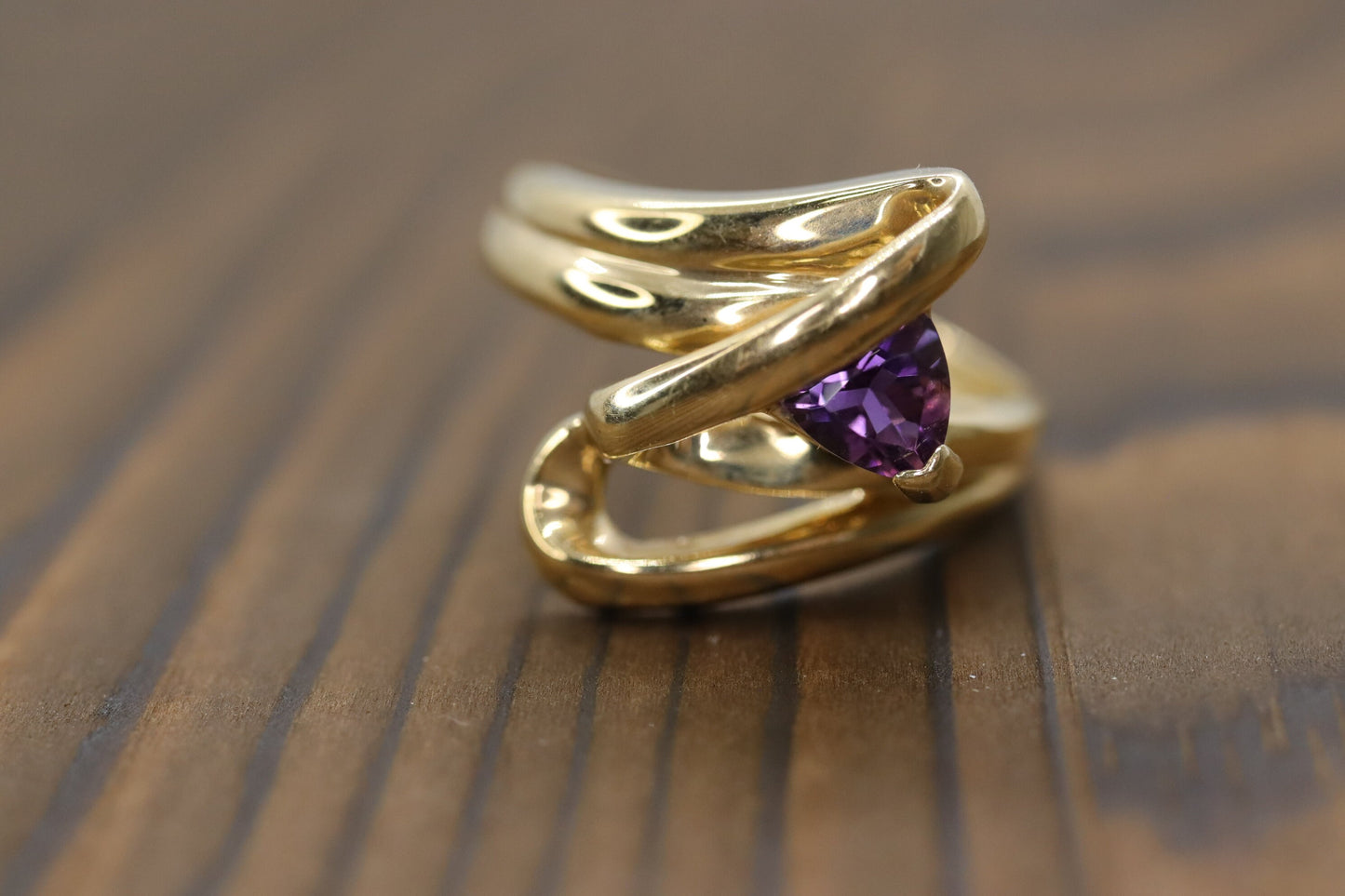 Trilliant Amethyst 10k Gold ring. 10k Triangular Amethyst in a Bypass Ring.