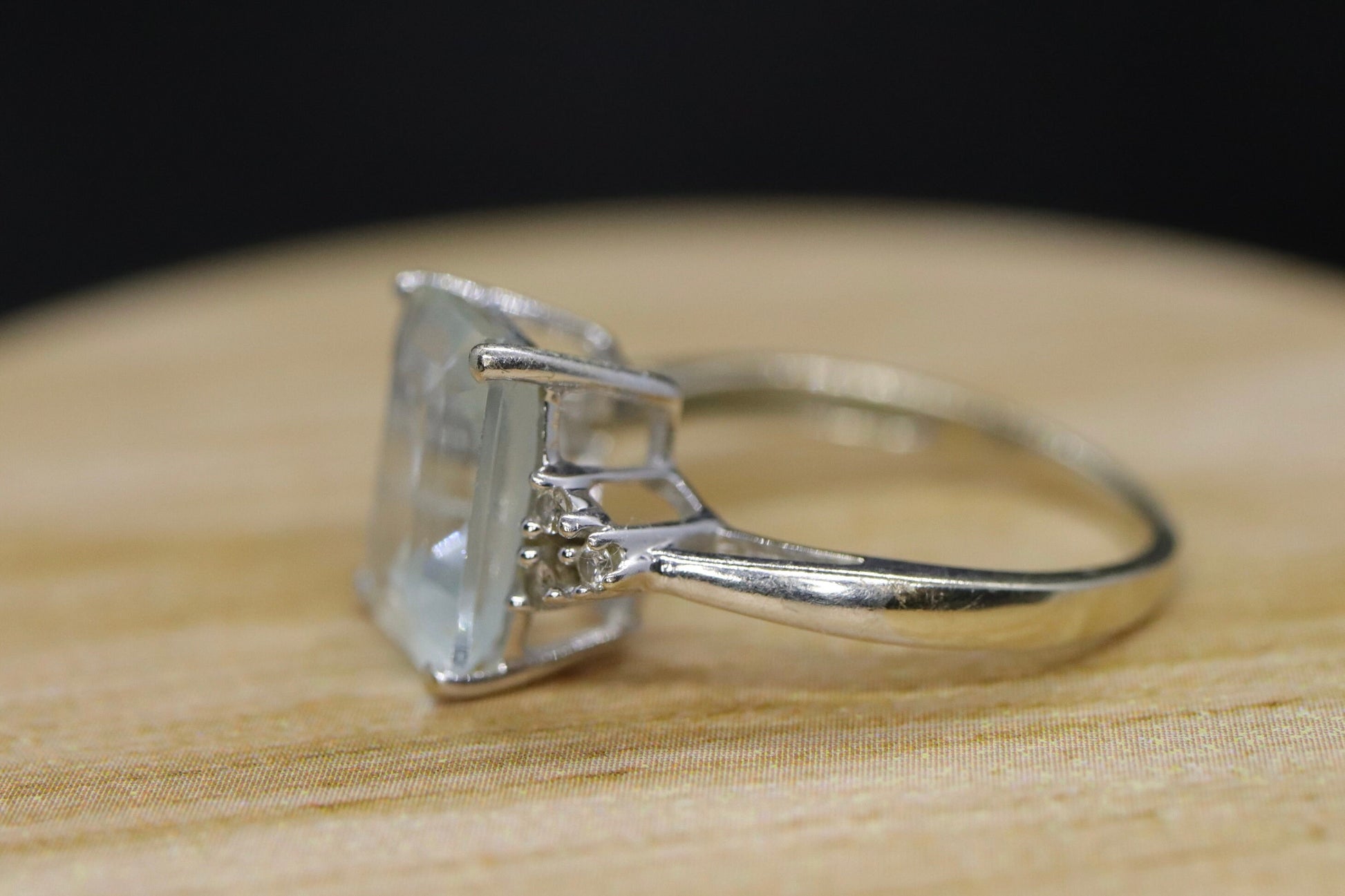 14k Aquamarine and Diamond ring. Large Aquamarine emerald solitaire ring.