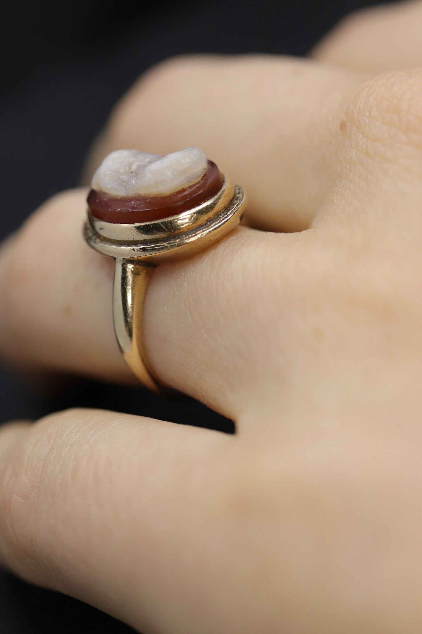 14k Cameo carved shell 14k signet ring. Bezel Set Cameo ring