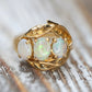 14k Opal Trio ring. Triple OPAL Crystal and Filigree leaves statement ring.